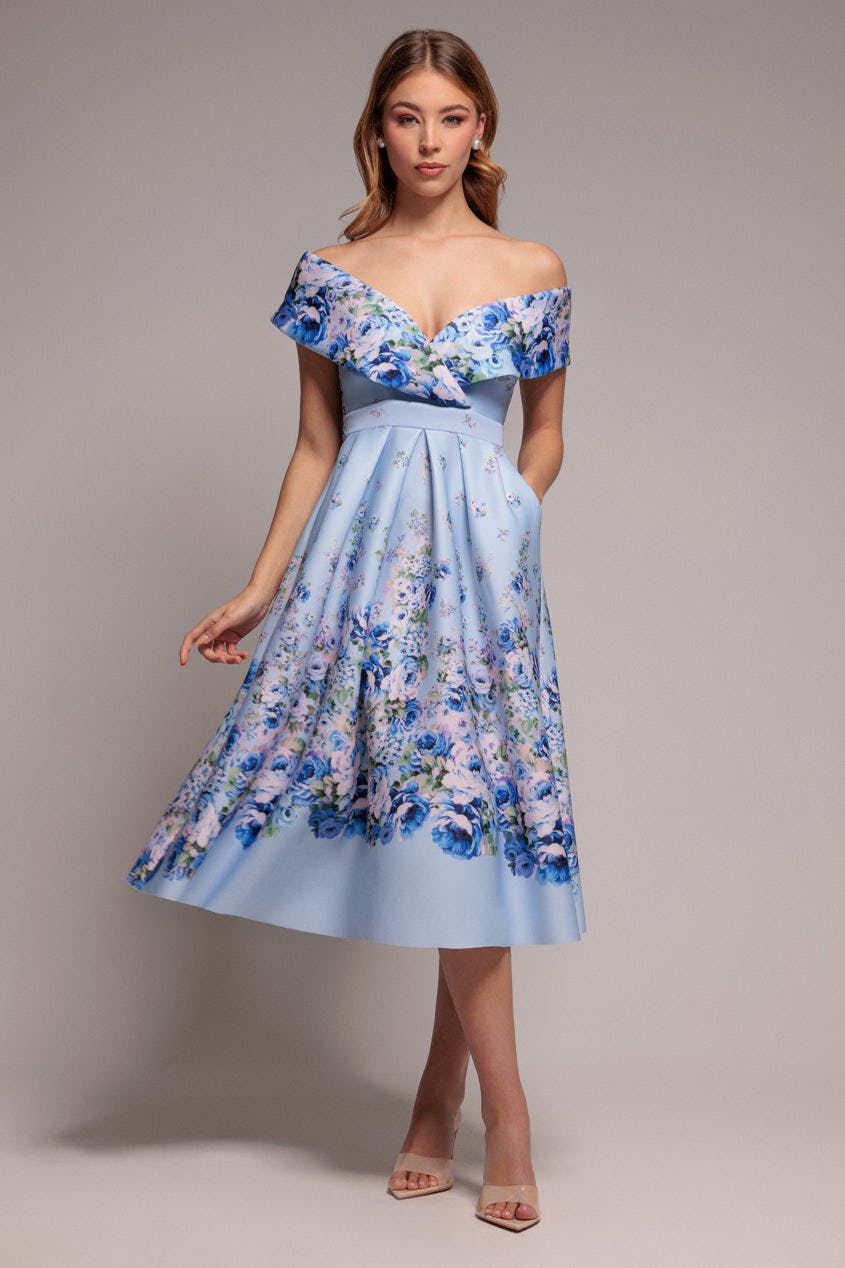 Goddiva Women's Blue Bardot Floral Print A Line Scuba Foam Midi Dress In Size 10 - Image 2