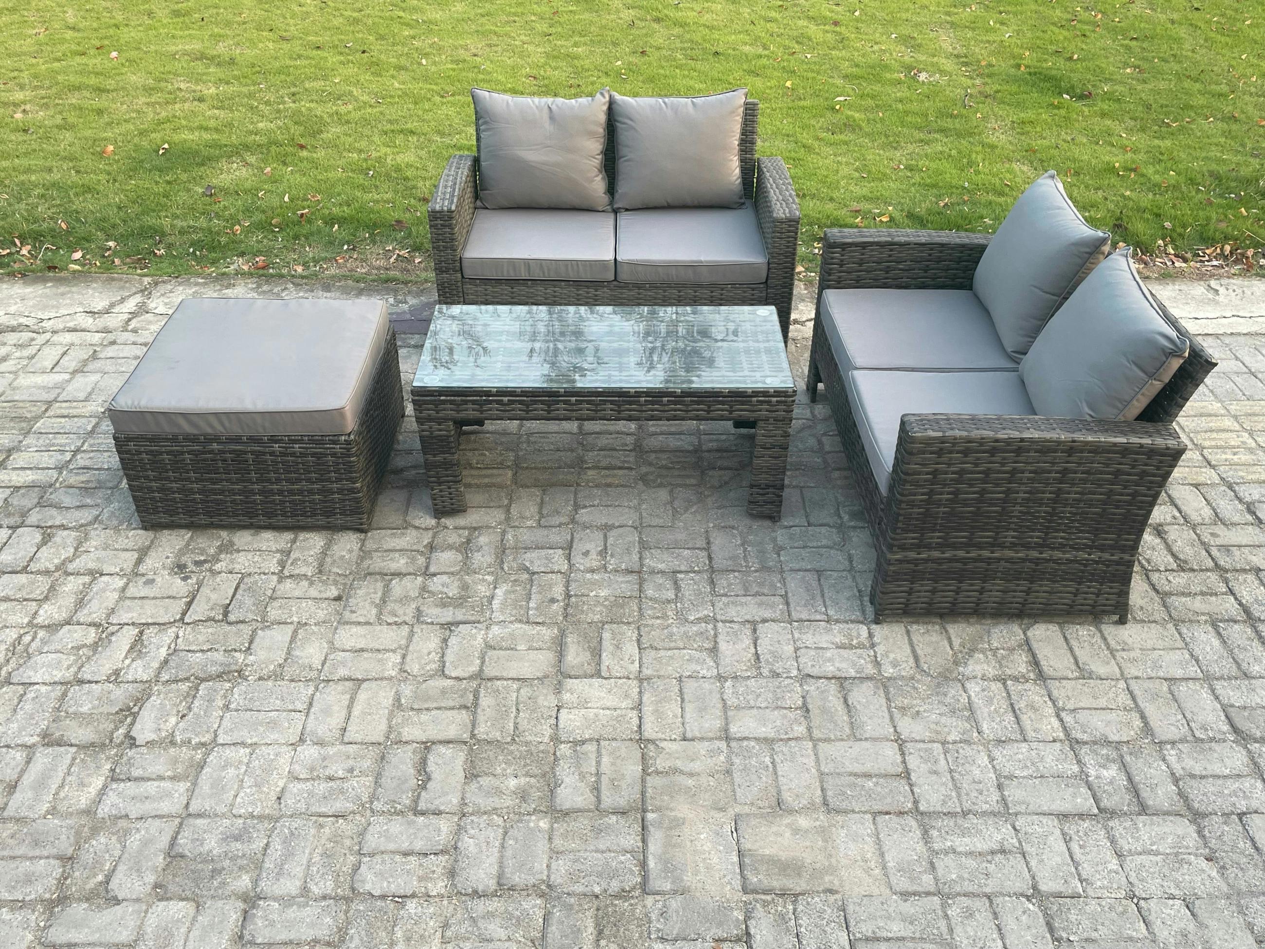 Rackhams Dark/Grey 4 Pieces Garden Set, Poly Rattan Outdoor Patio Furniture, Pe Wicker, Big Footstool, Loveseat And Table, Mixed