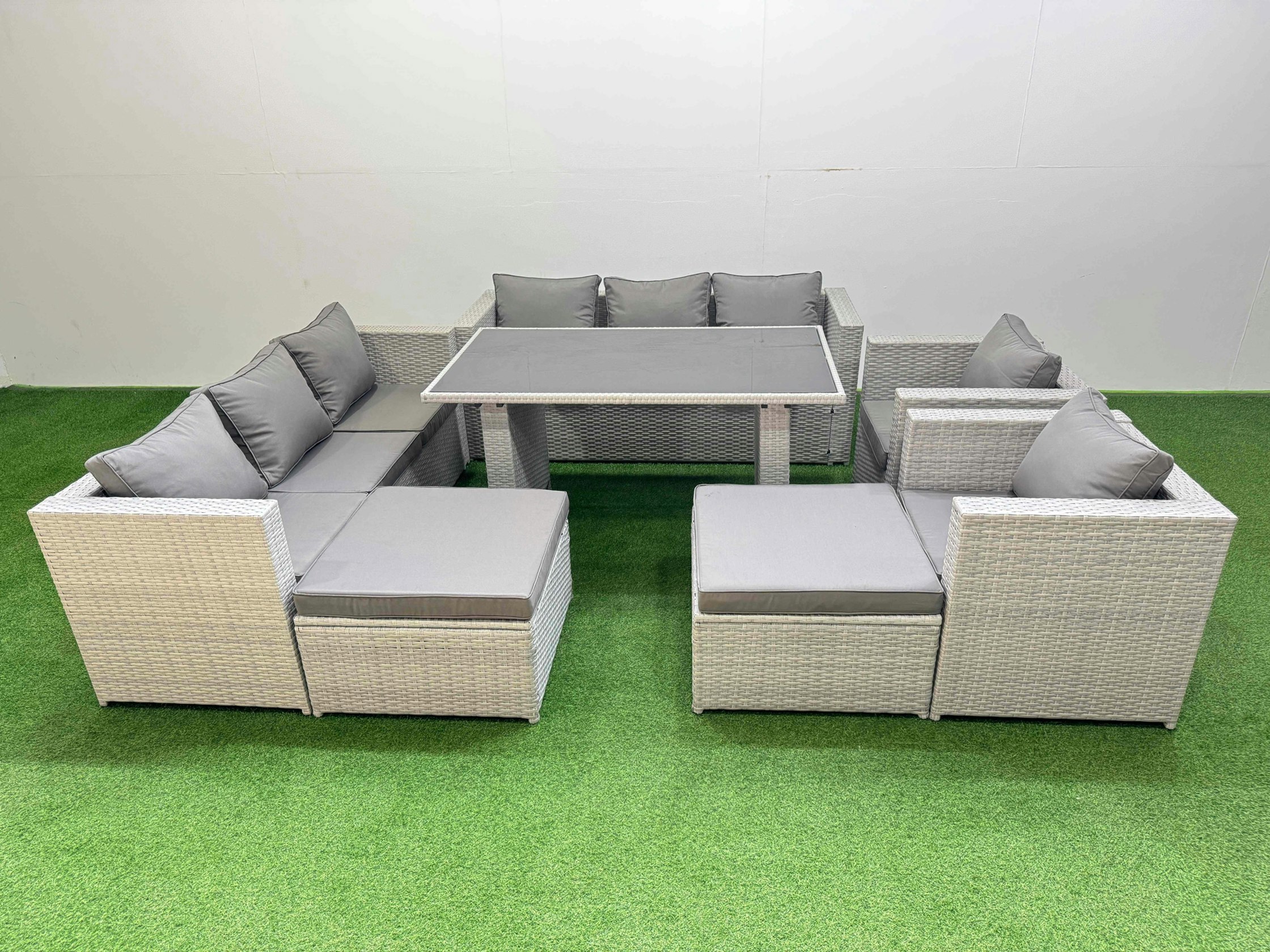 Rackhams Light/Grey 10 Seater Wicker Pe Rattan Furniture Outdoor Dining Table 3 Seater Sofa Armchair Set With 2 Big Stools