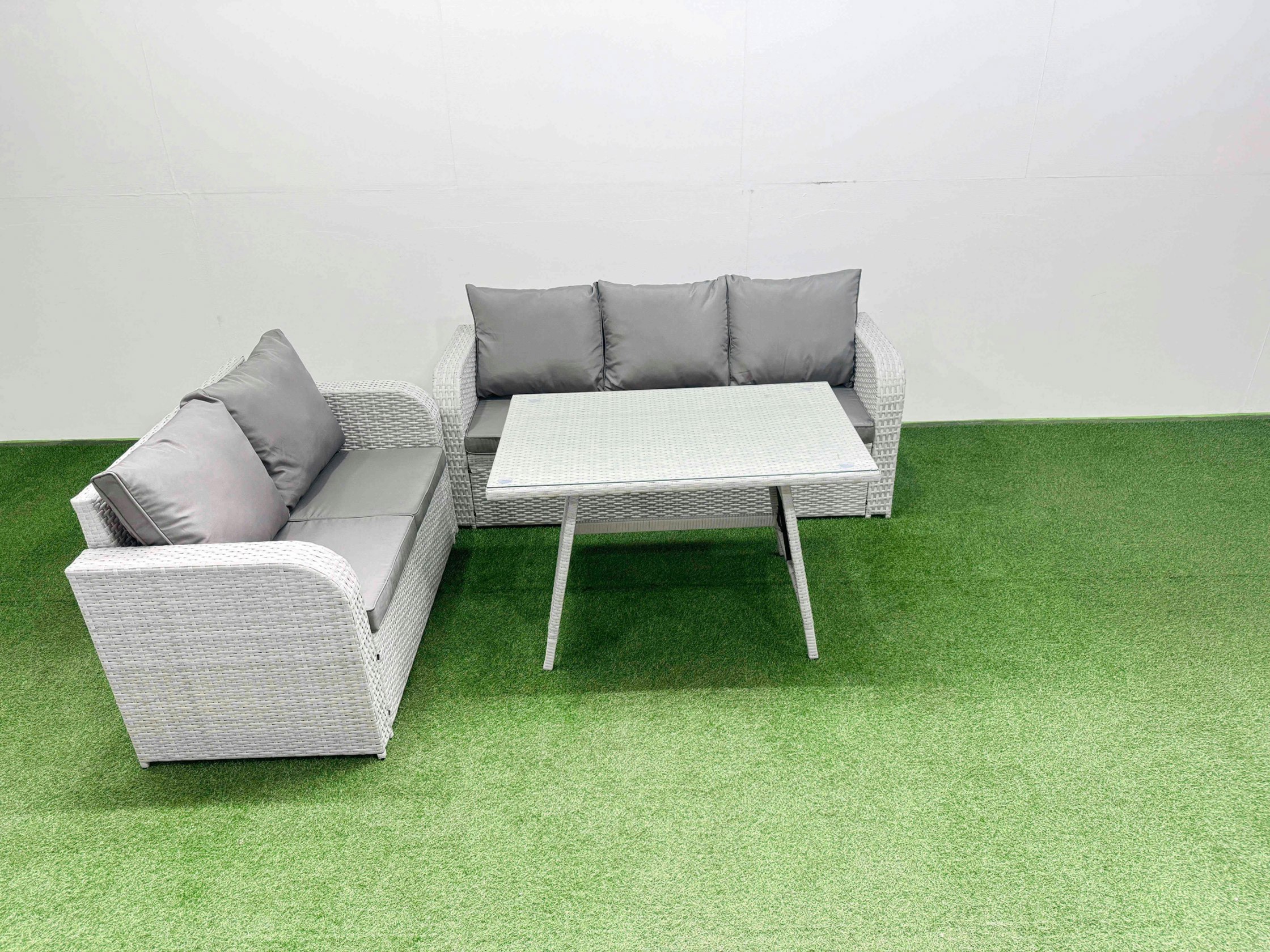 Fimous Light/Grey Outdoor Pe Rattan Garden Furniture Set Rectangular Dining Table Sofa Set