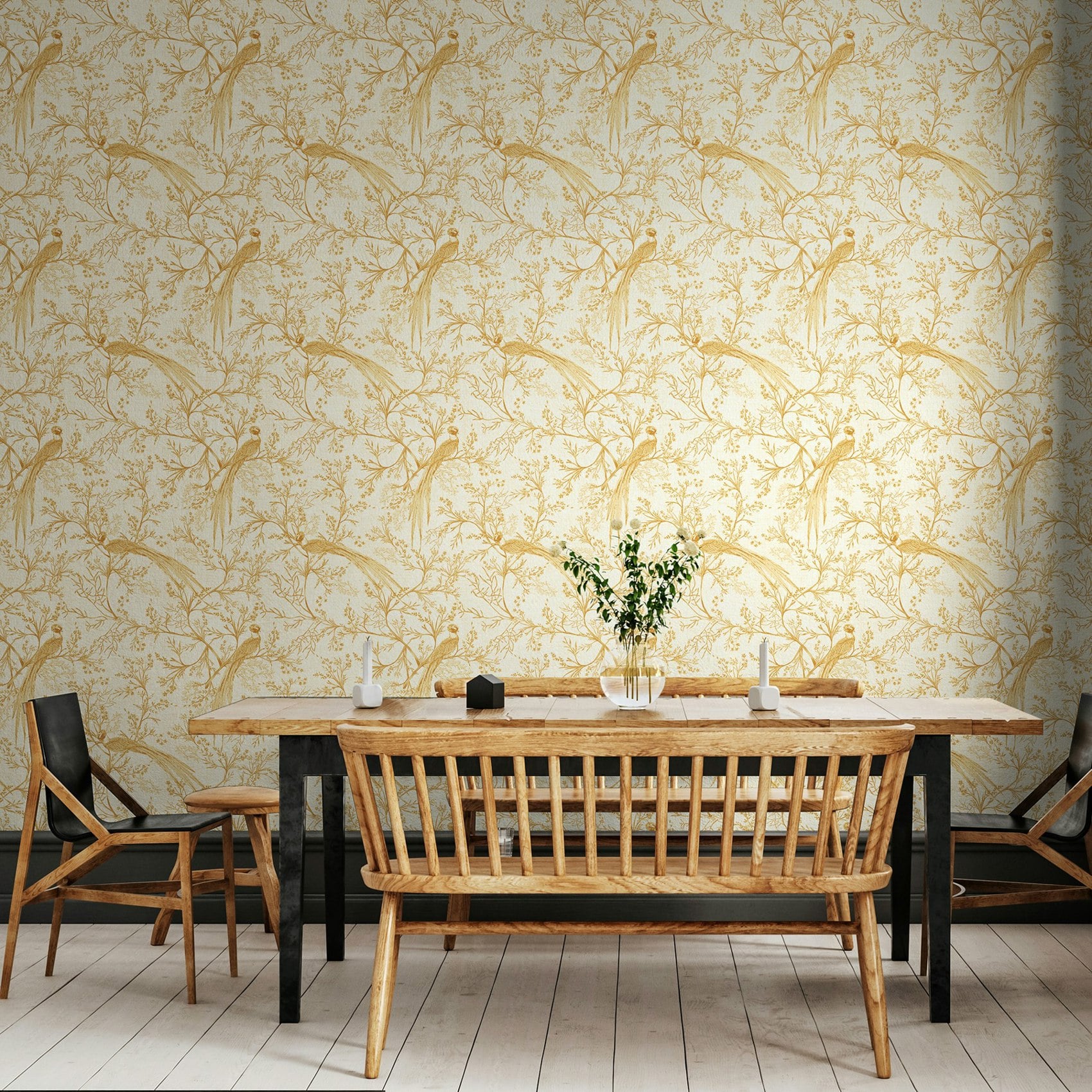 Rackhams Bird Toile - Honey 10M Wallpaper