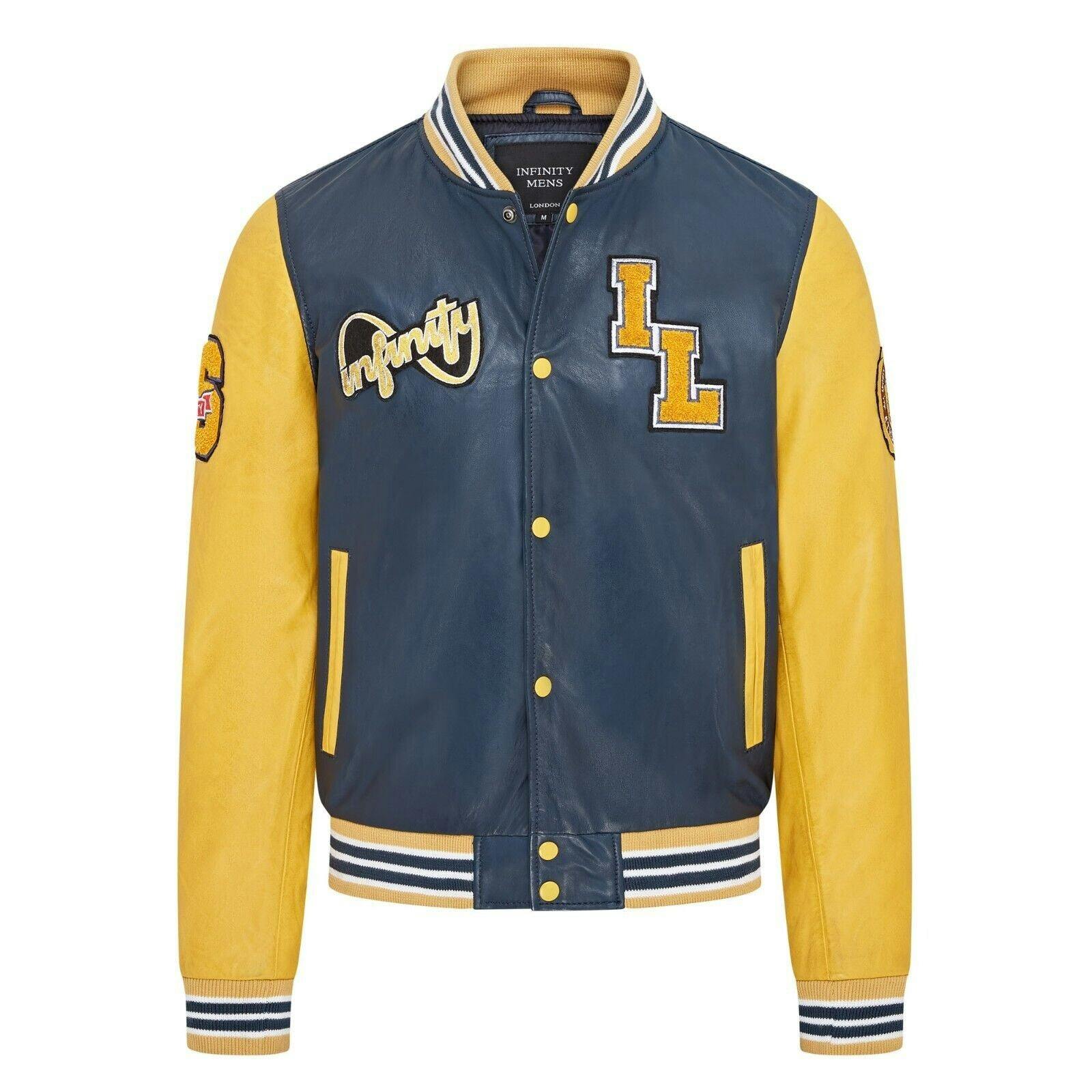 Infinity Leather Men's Blue Baseball Leather Letterman Bomber Jacket - Ashwood - Uk 2XL | Eu 54 | Us 44