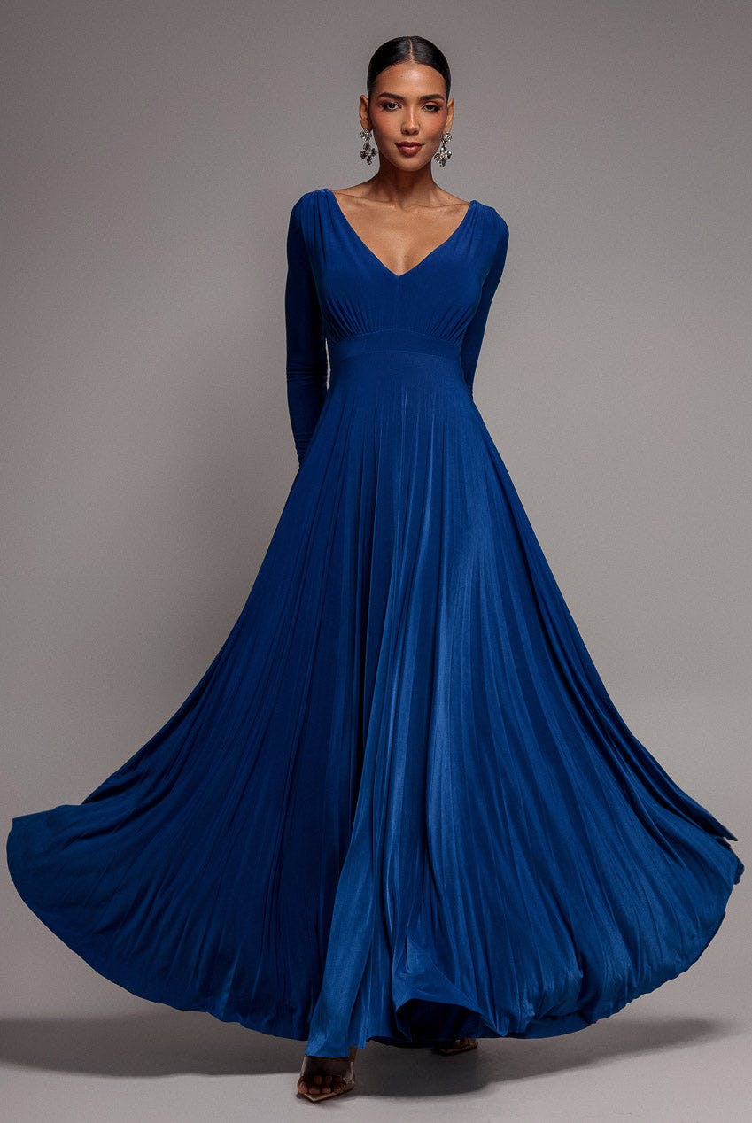 Goddiva Blue Plunge Neck Long Sleeve A Line Maxi Dress - Royal By - Royal - 8