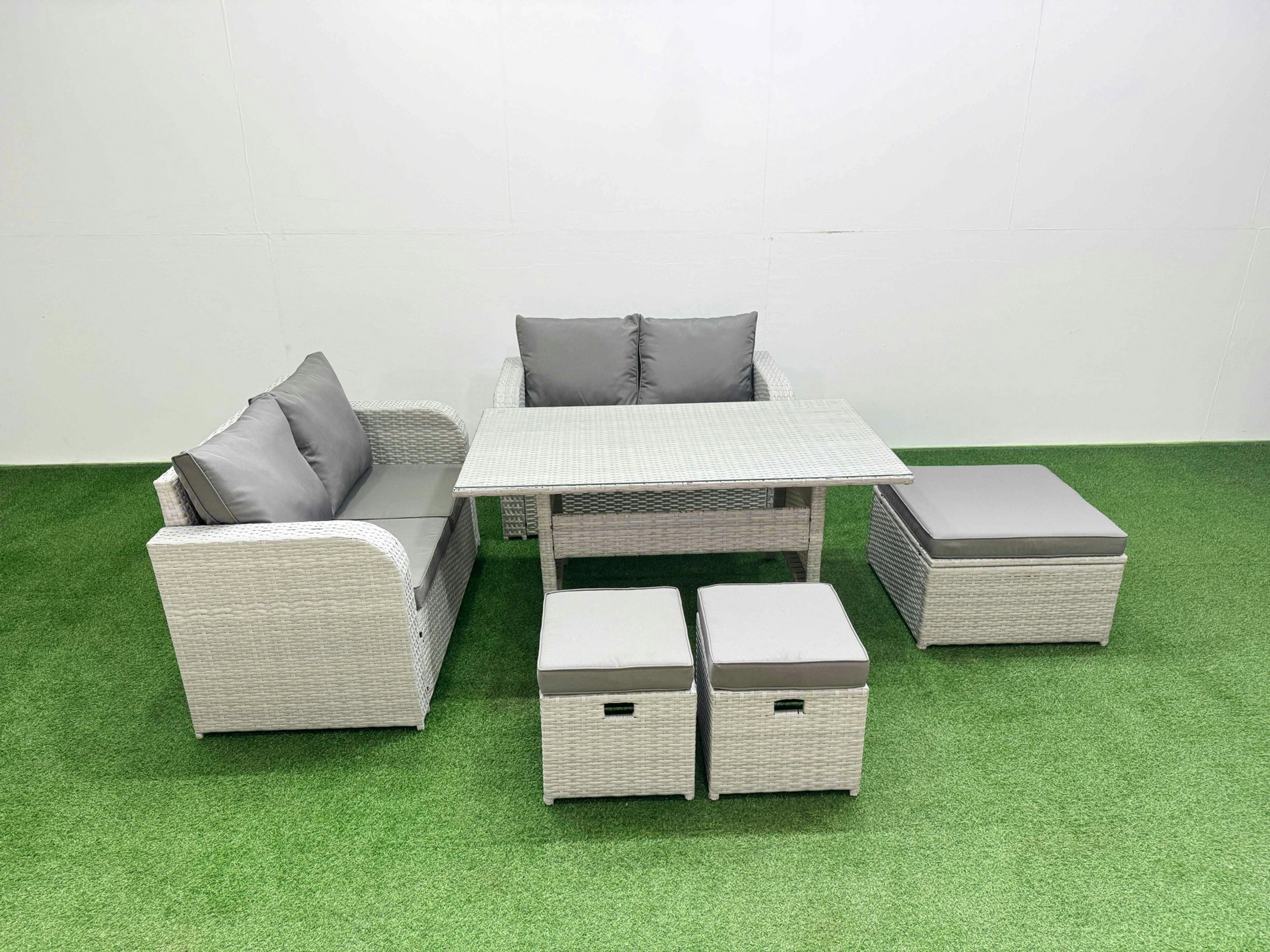 Fimous Light/Grey 7 Seater Outdoor Love Sofa Set Rattan Garden Furniture Set With Rectangular Dining Table 3 Footstool
