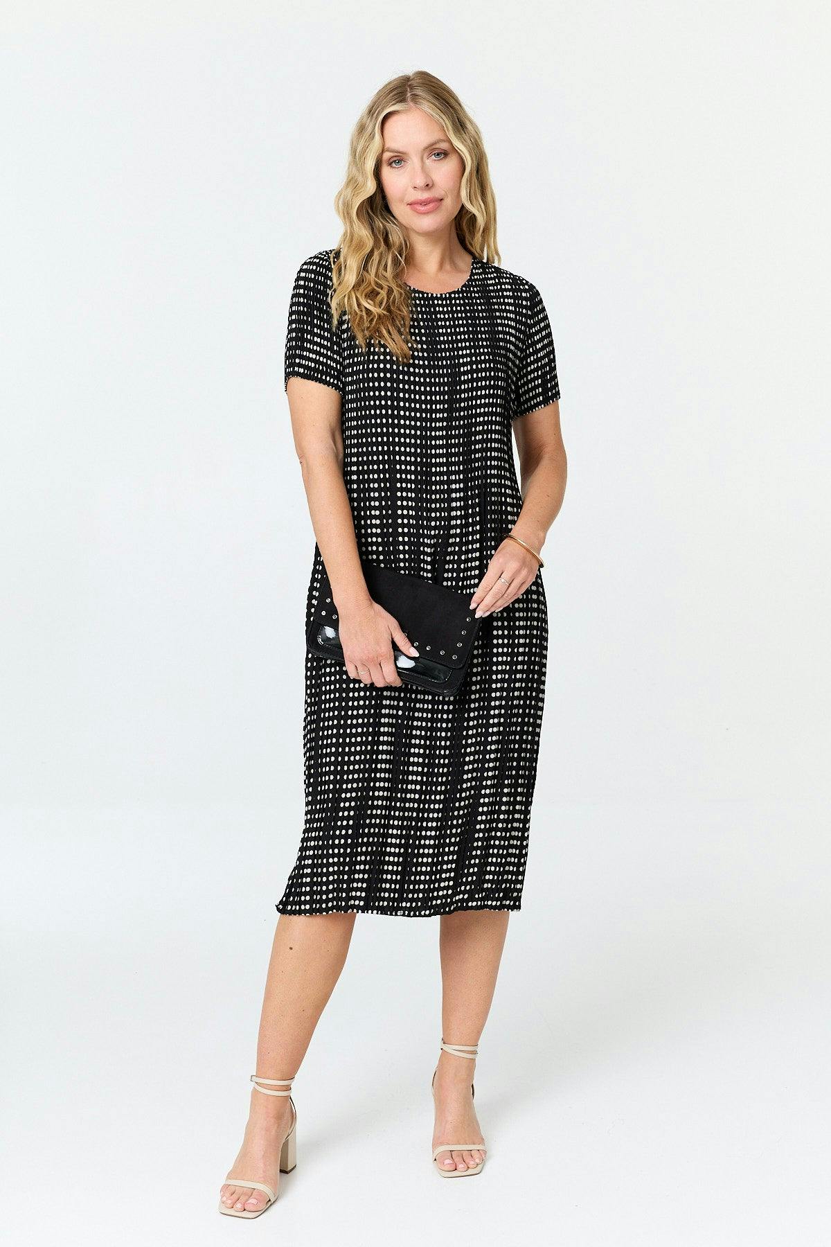 Izabel London Black Polka Dot Print Pleated Midi Dress - S/M