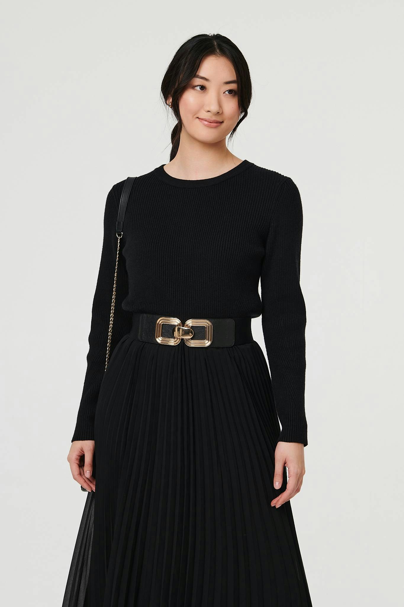 Izabel London Black Square Detail Stretch Wide Belt - One