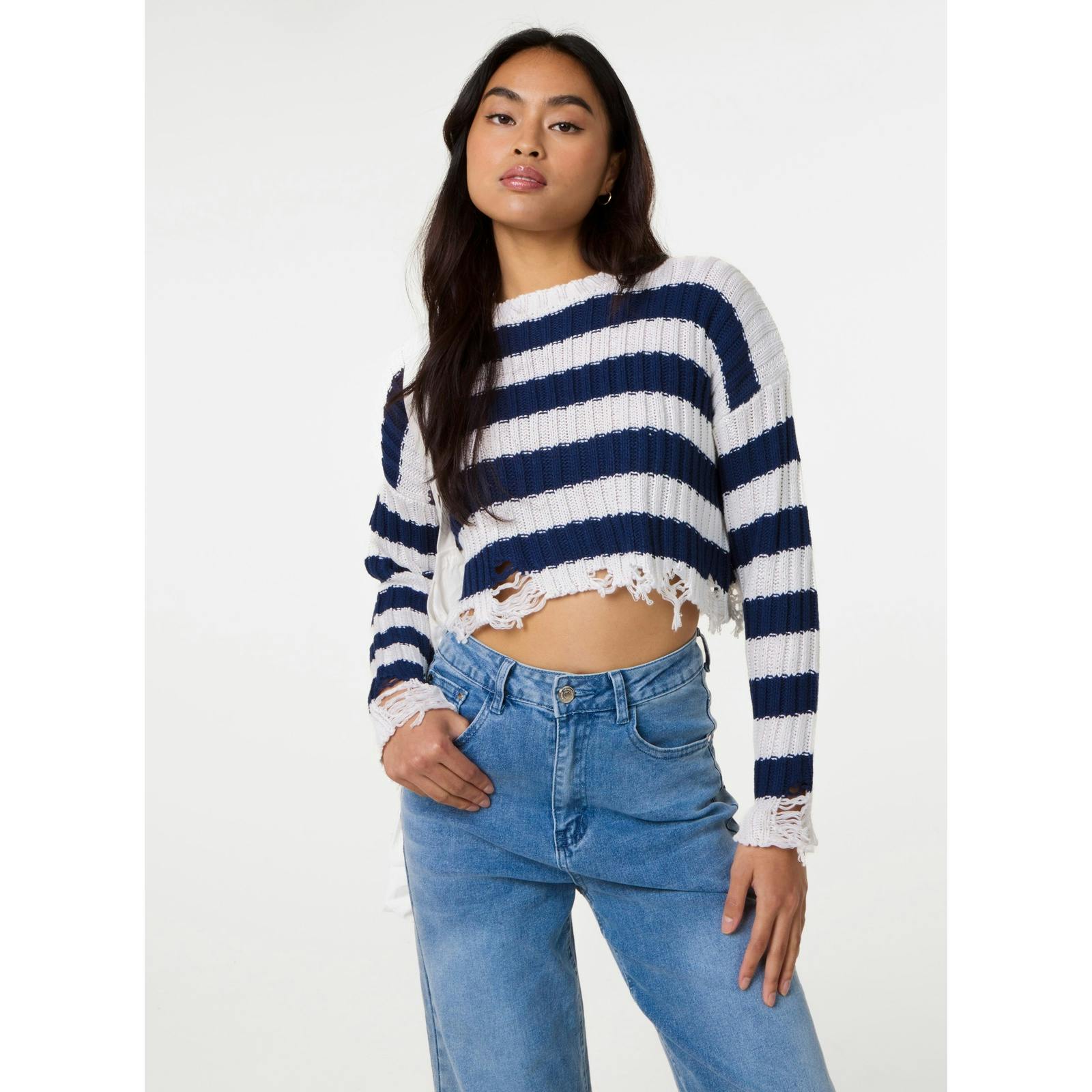 Pink Vanilla Pink/White Vanilla Distressed Striped Crop Knit Jumper - S-M