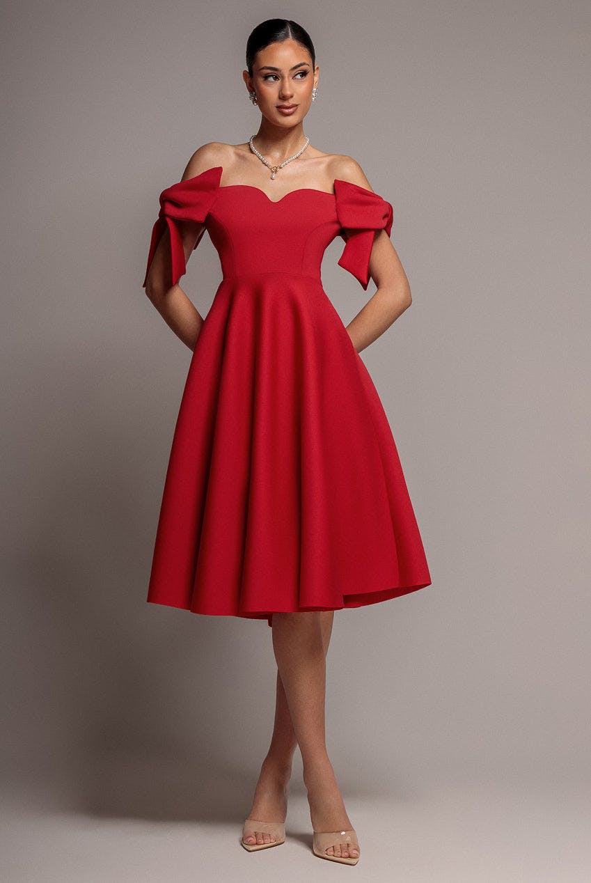 Goddiva Red Bardot Plunge Neck Bow Sleeve A Line Midi Dress - By - 10