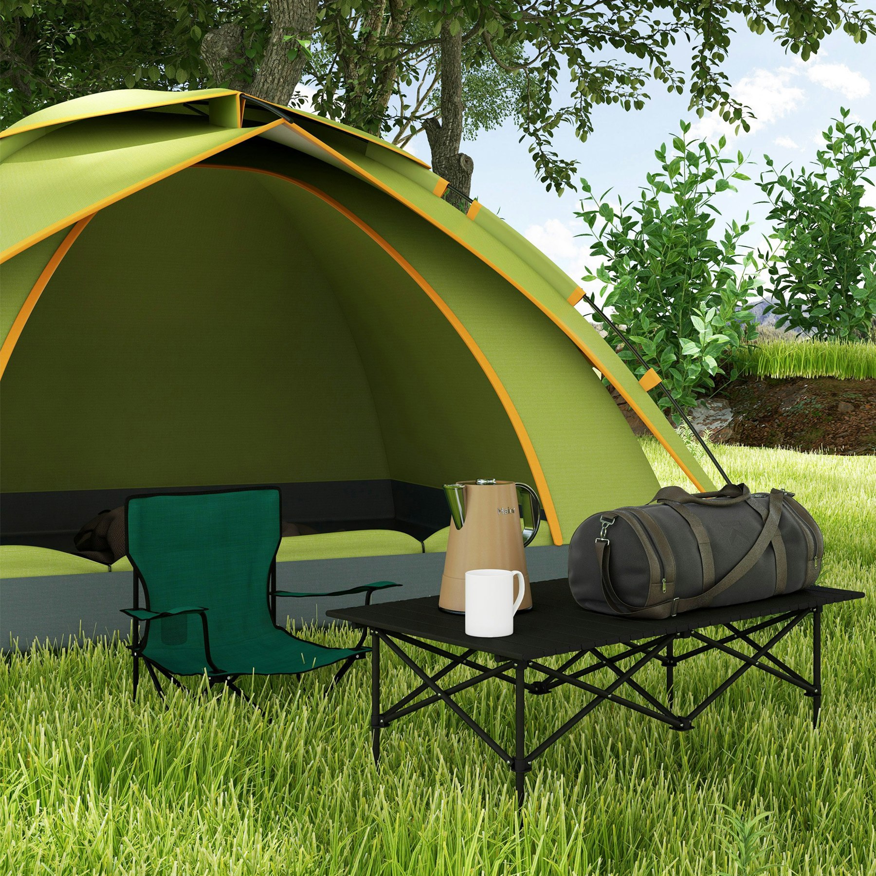 Outsunny Black Portable Folding Camping Table W/ Roll Up Aluminium Top Carry Bag