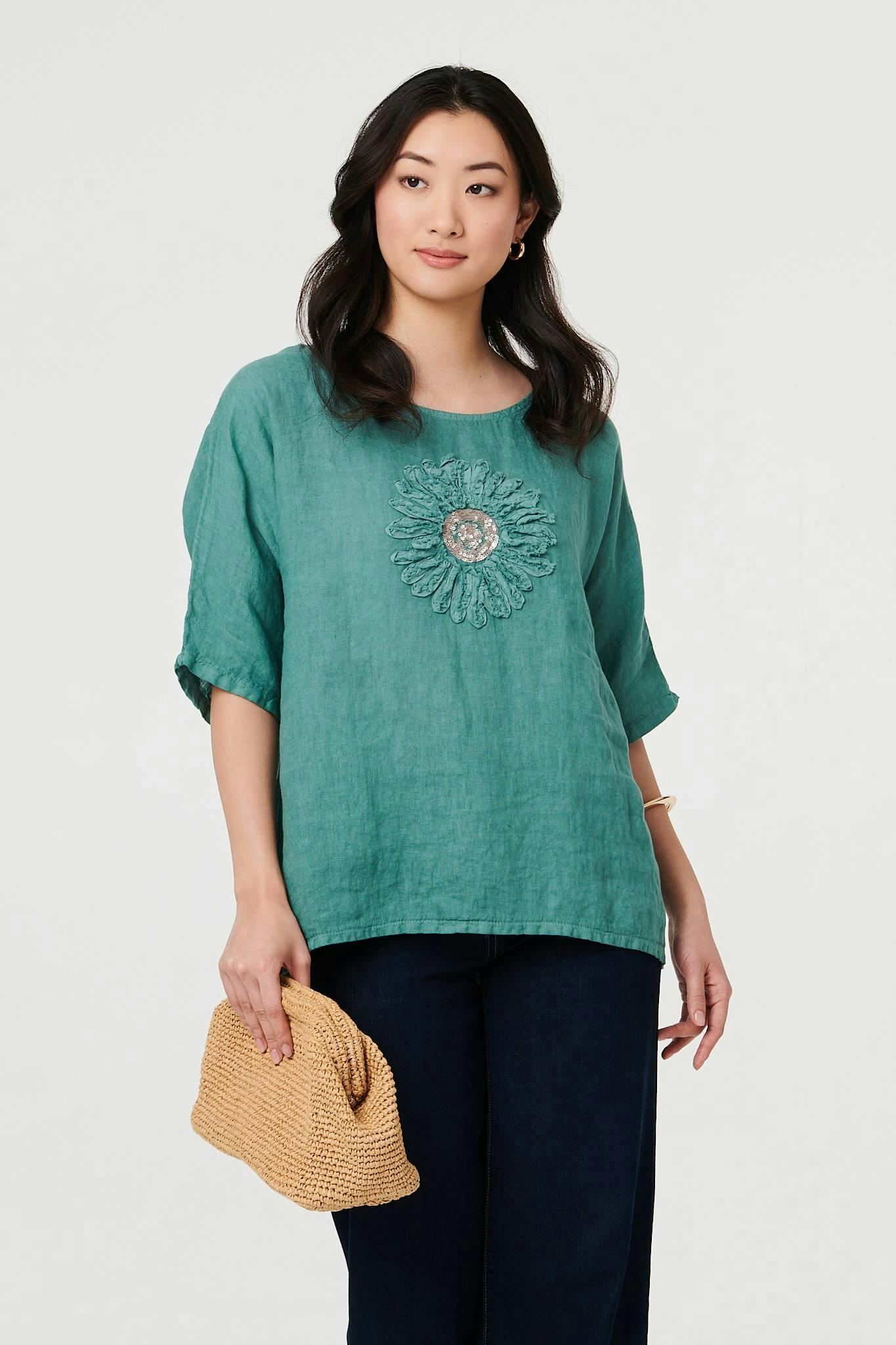 Izabel London Blue Sequin Textured Detail Relaxed Top - 8