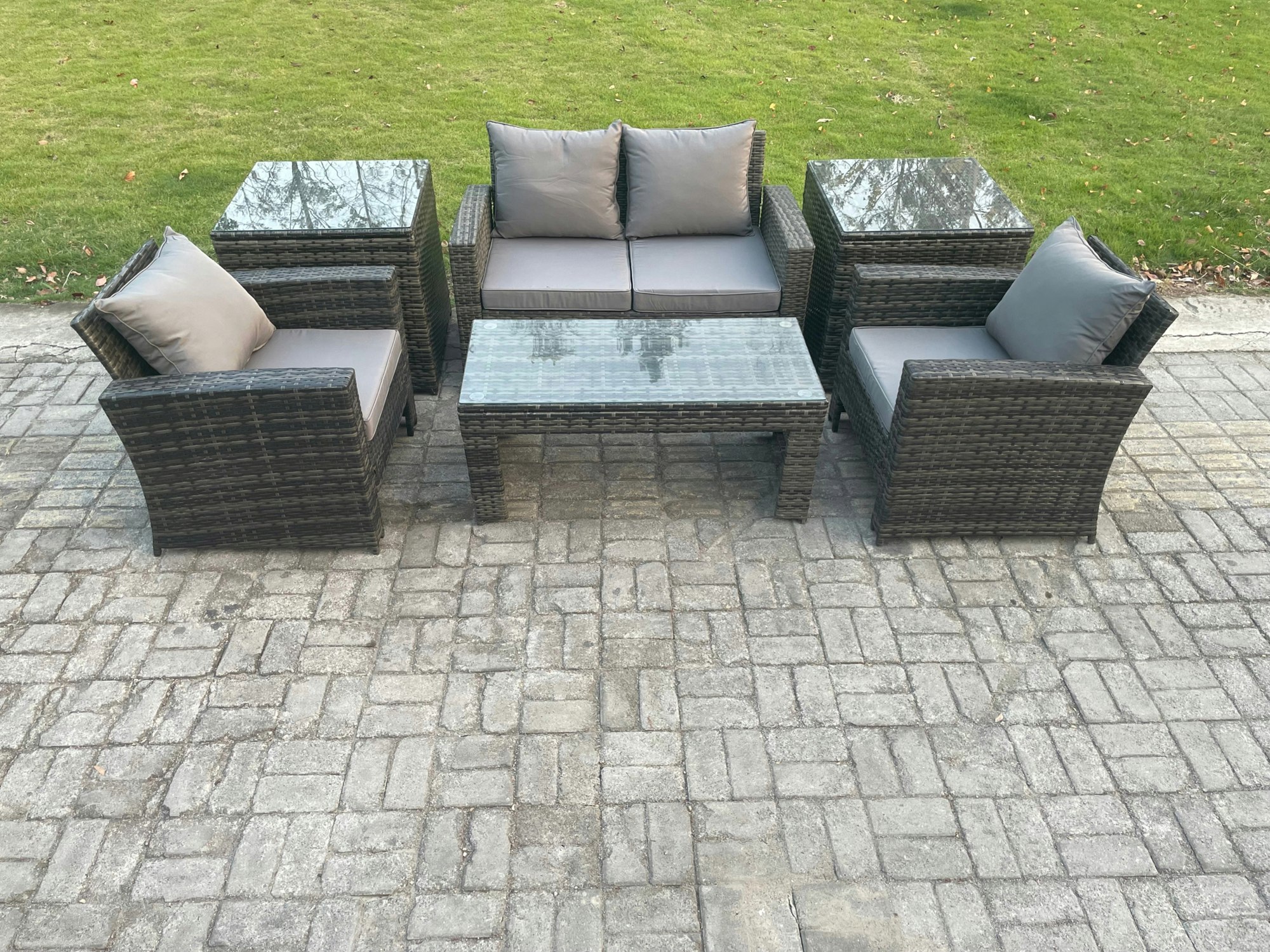 Fimous Dark/Grey 4 Seater Outdoor Rattan Garden Furniture Set Patio Lounge Sofa Set With Coffee Table 2 Side Tables Mixed