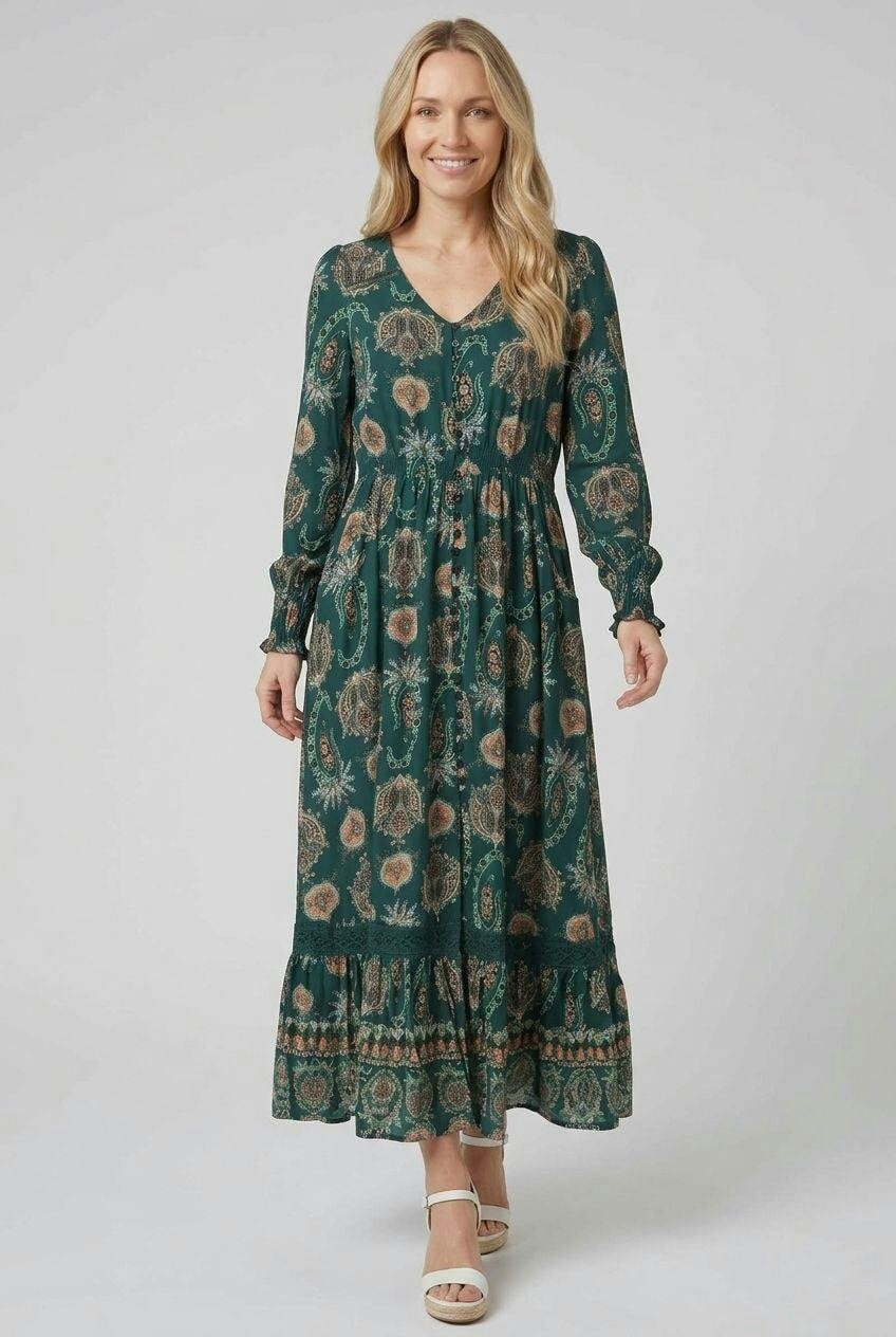 Izabel London Paisley Long Sleeve Shirred Maxi Dress - 8 - Teal
