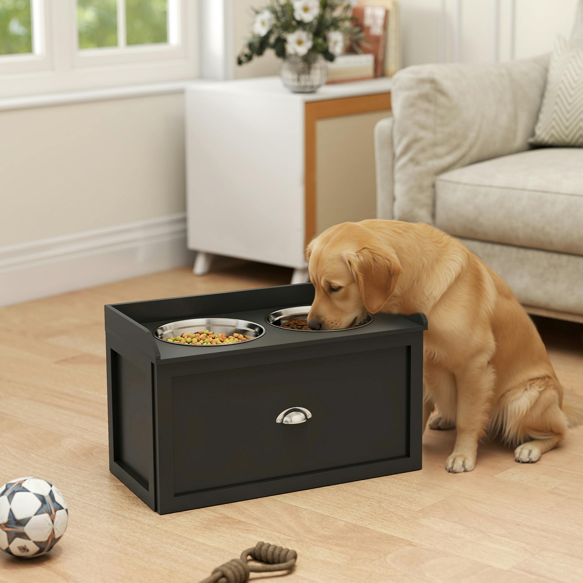 Pawhut Black Stainless Steel Raised Dog Bowl W/ 21L Storage Drawer, For Large Dogs