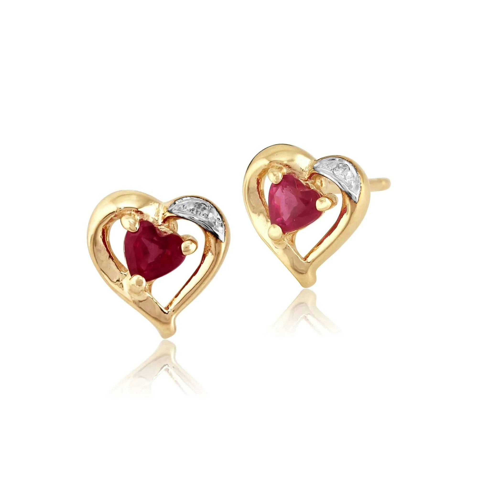 Gemondo Yellow/Gold Classic Heart Ruby & Diamond Stud Earrings In 9Ct
