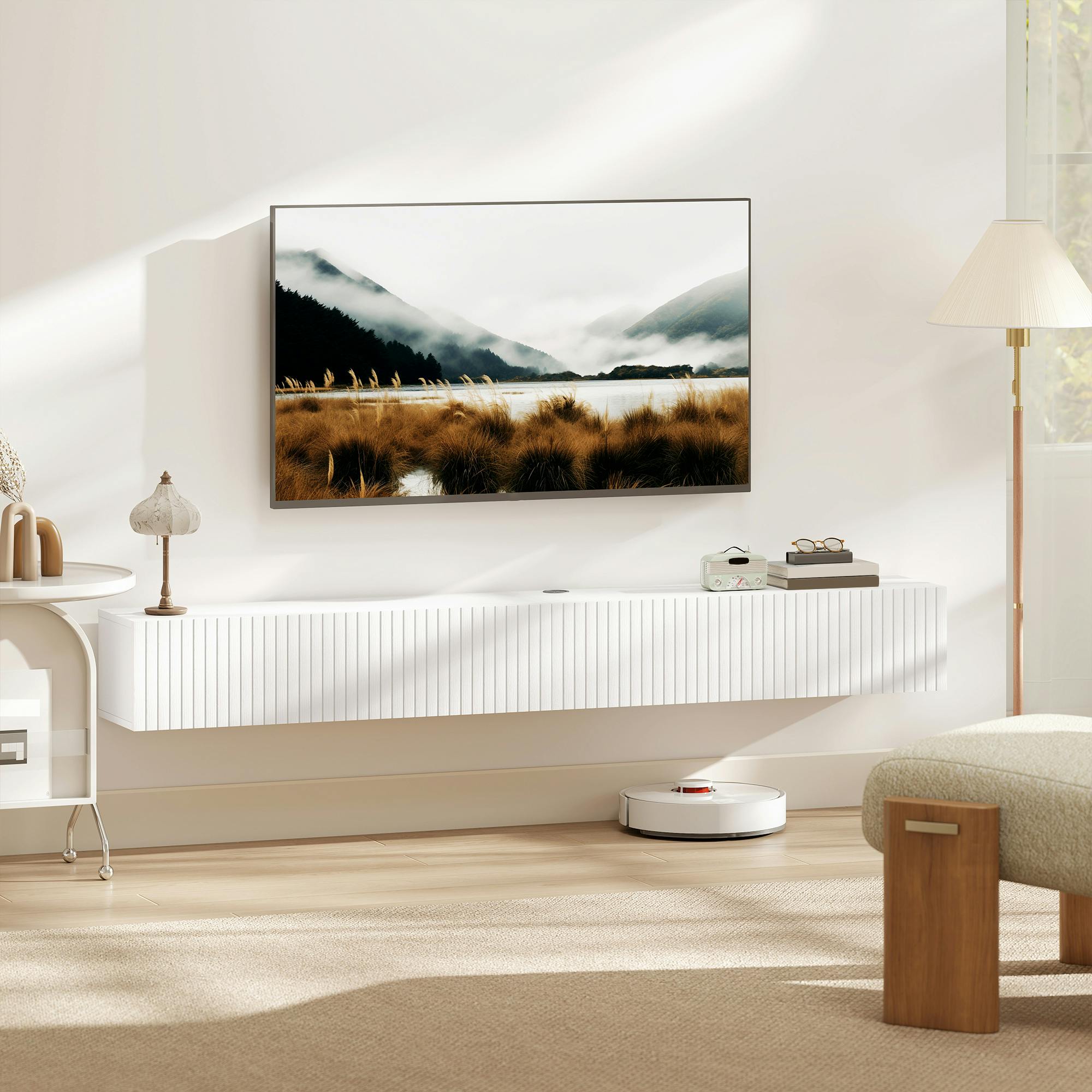 Homcom White Wall Mount Tv Stand Cabinet With Fluted Flip-Down Doors - 2 Doors