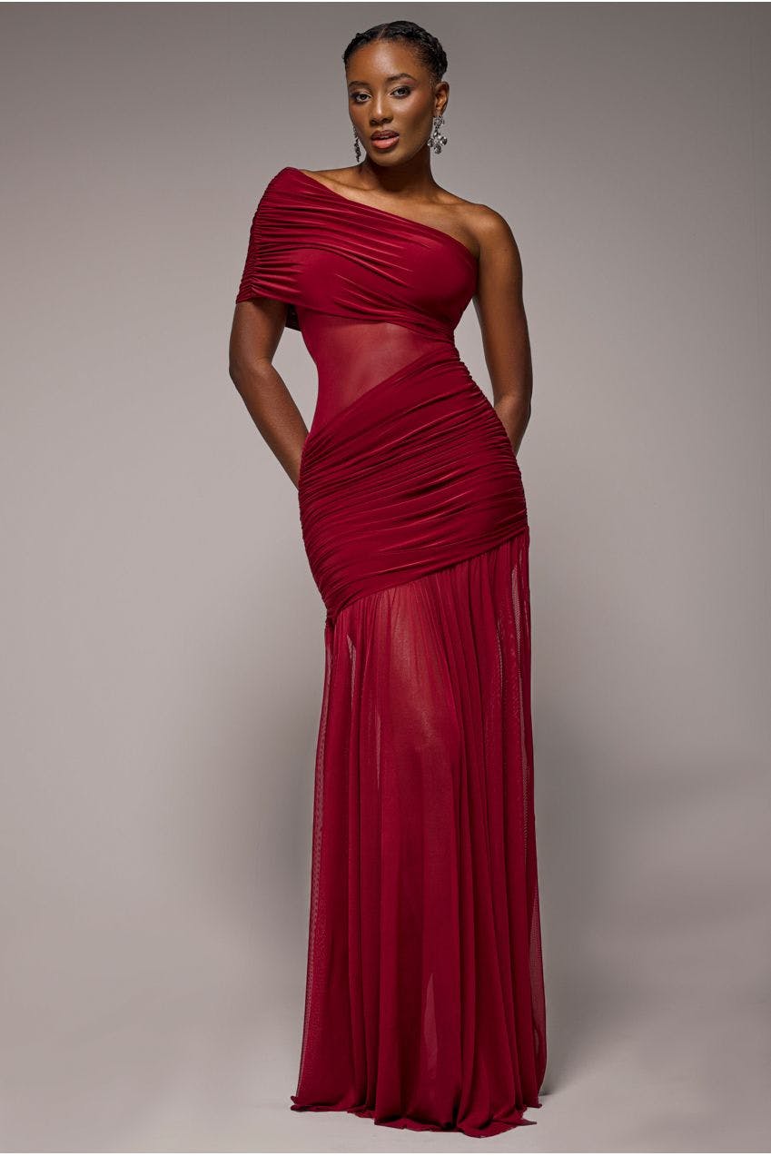 Goddiva Burgundy Gathered One Shoulder Sheer Panel Maxi Dress - Wine By - Wine - 10