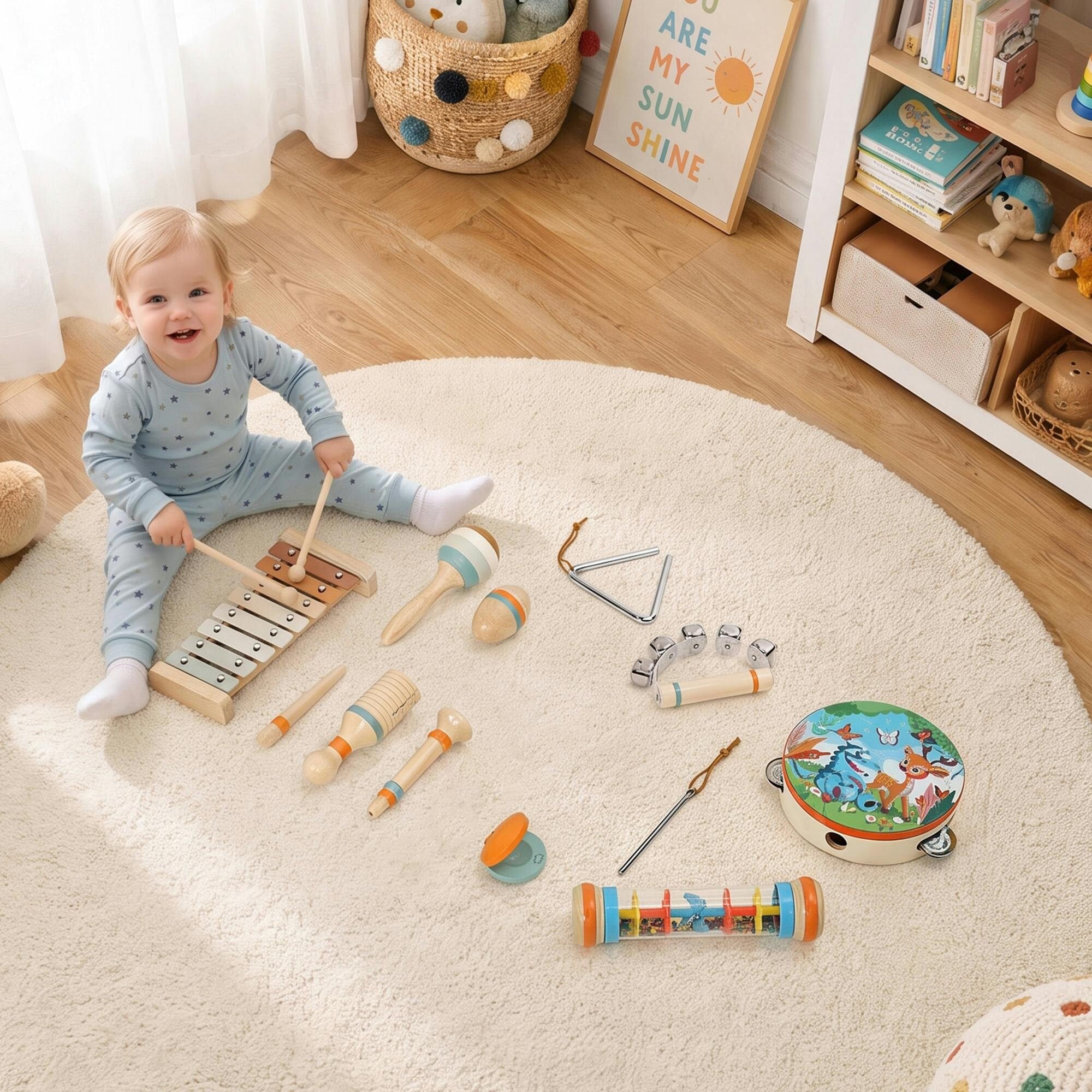 Aiyaplay Kids Drum Kit, Wooden Baby Musical Instrument Set With Maracas