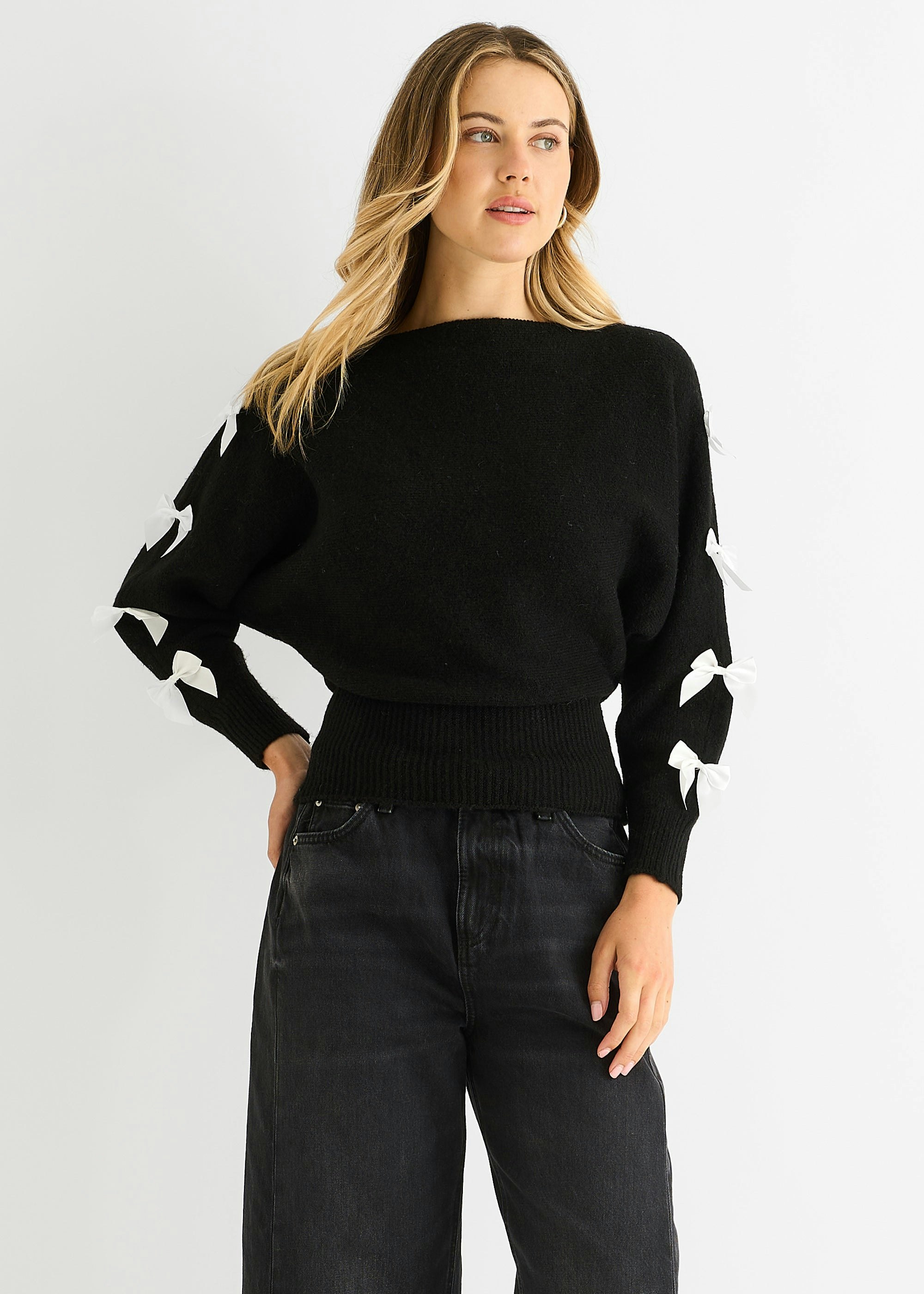 Gini London Women's Black Slash Neck Crop Bow Knit Jumper | Size: Large/Xl - Image 3
