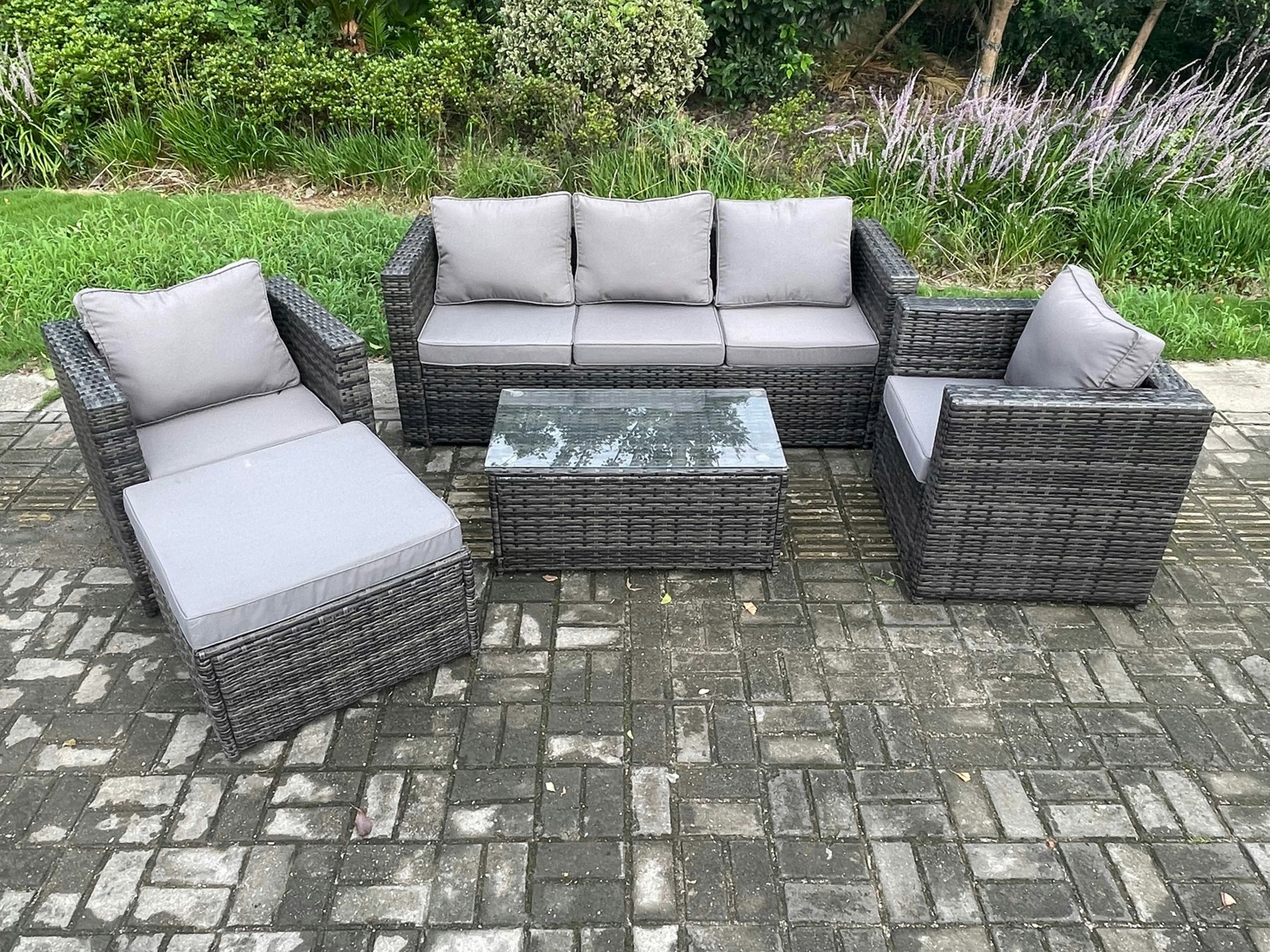 Rackhams Dark/Grey Rattan Garden Furniture Set With 3 Seater Sofa Coffee Table 2 Armchairs Big Footstool Indoor Outdoor Patio Lounge Sofa Set Mixed