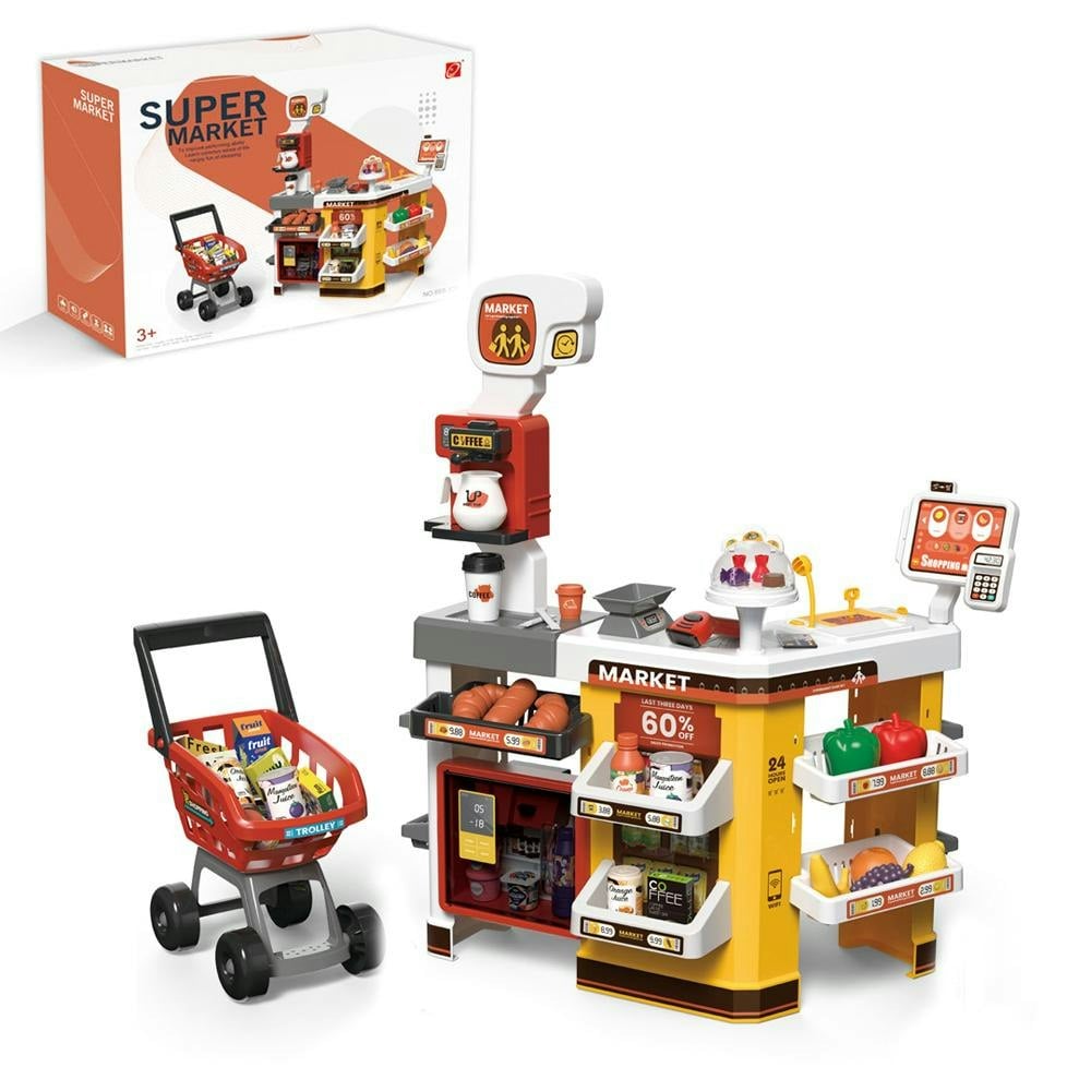 Deao Toys Light 65 Pcs Grocery Store Playset Pretend Supermarket Playset For Kids W/ Shopping Cart Cash Register Play Food Accessories
