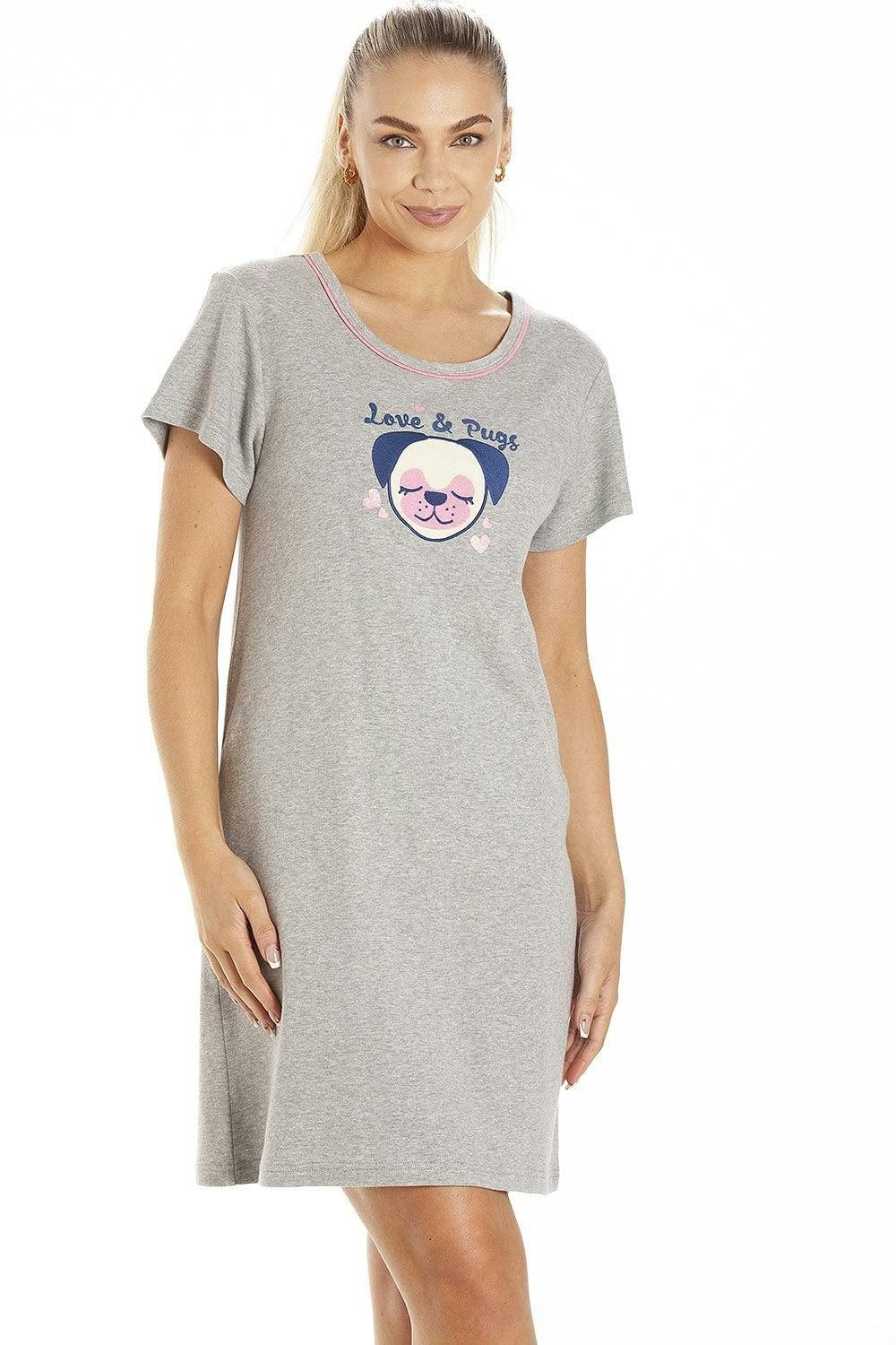 Camille Women's Light/Grey Short Sleeve Pug & Cat Nightdresses - 12-14