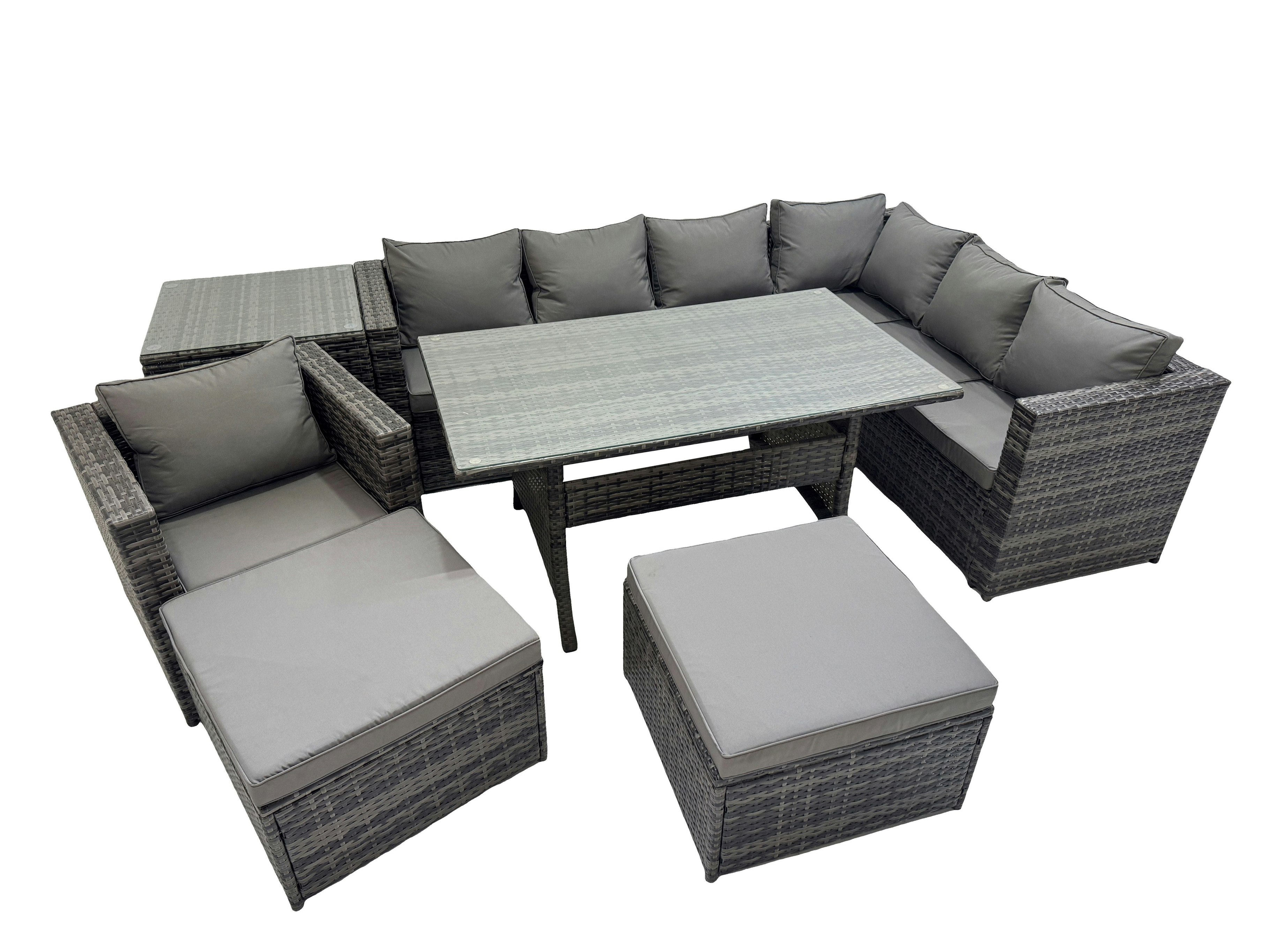 Fimous Dark/Grey Rattan Garden Furniture Set Outdoor 9 Seater Patio Dining Corner Sofa Sets With Dining Table Chair 2 Big Stools Side Table Mixed
