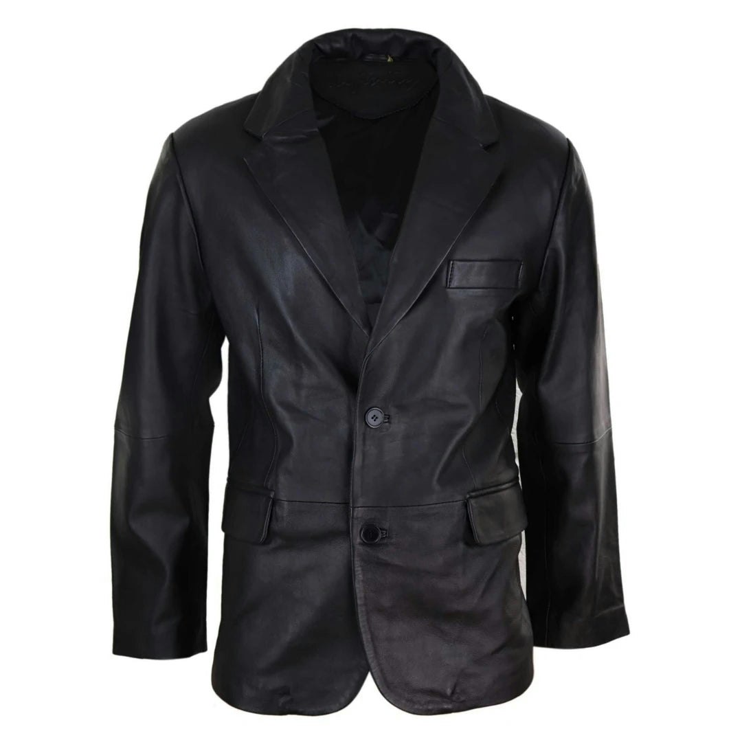 Infinity Leather Men's Black Leather Company Regular Fit Classic Leather 2 Button Blazer Jacket - Small