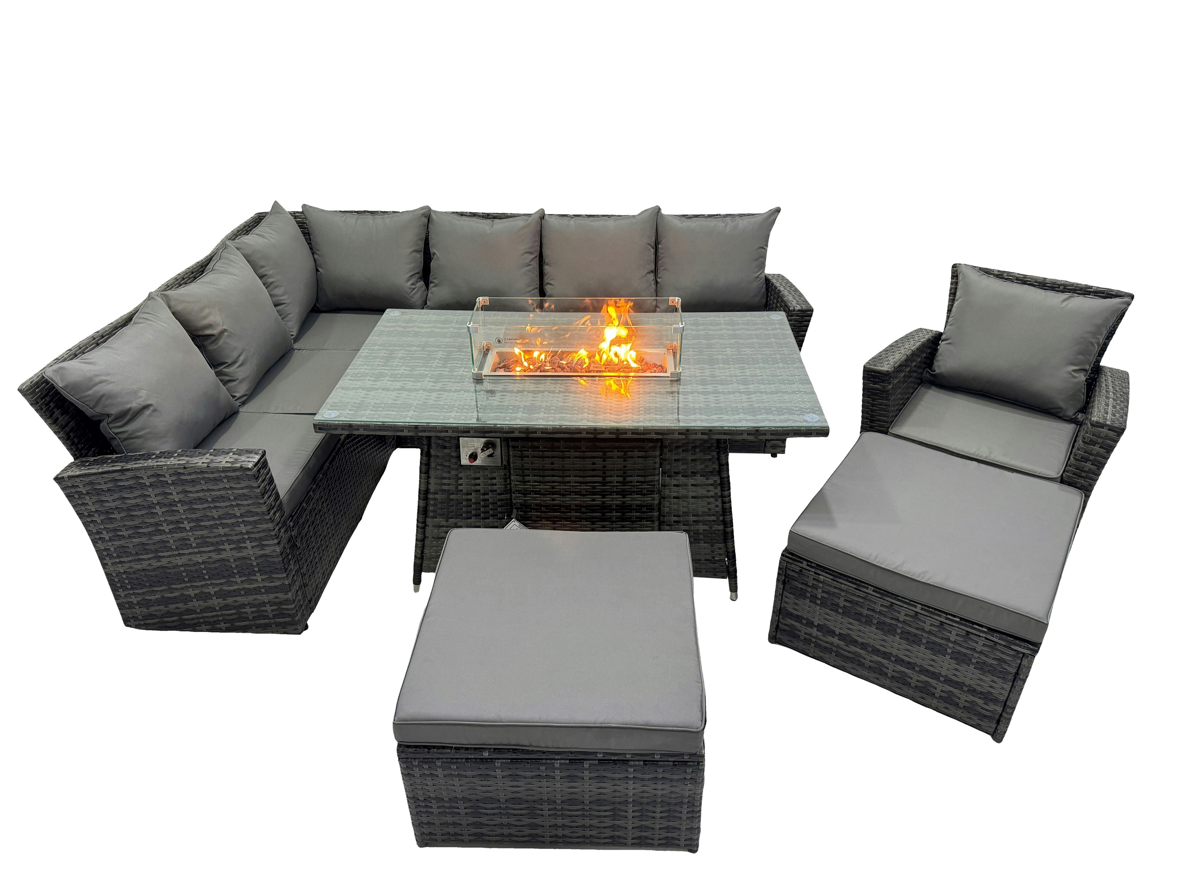 Rackhams Dark/Grey Poly Rattan Outdoor Patio Gas Fire Pit Dining Table Corner Sofa Set With 2 Big Stools Chair For Garden Backyard Mixed