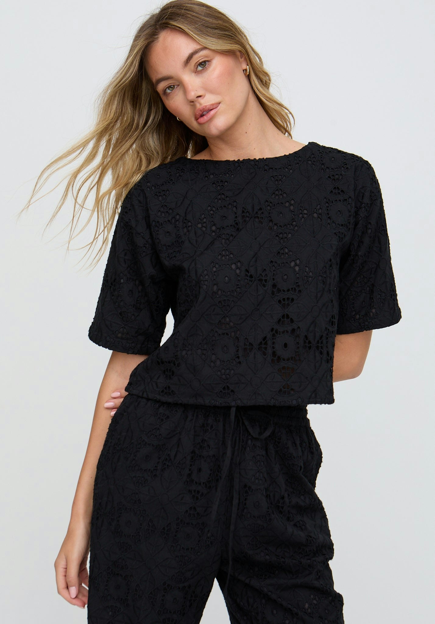Raffya Black Opal Broderie Anglaise Split Open Back Blouse In - 14
