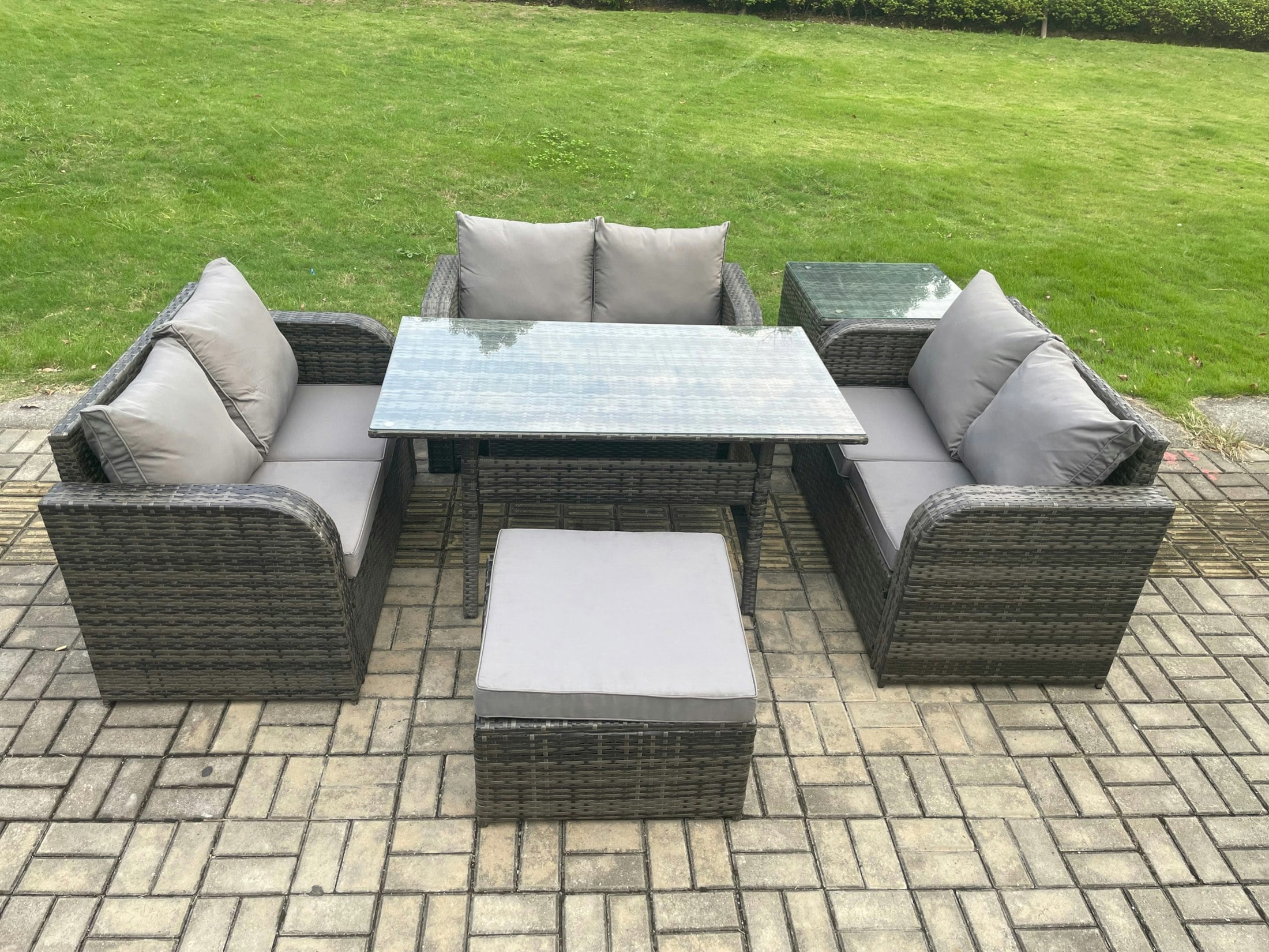 Fimous Dark/Grey Wicker Pe Rattan Sofa Outdoor Garden Furniture Set With Rectangular Dining Table Big Footstool Side Table Mixed