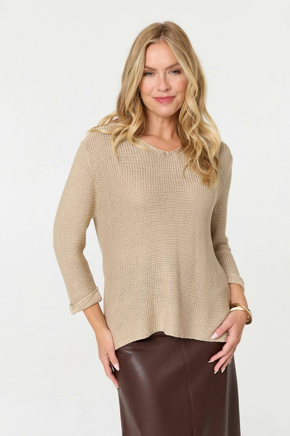 Izabel London Beige Mesh Texture 3/4 Sleeve Relaxed Top - 12/14