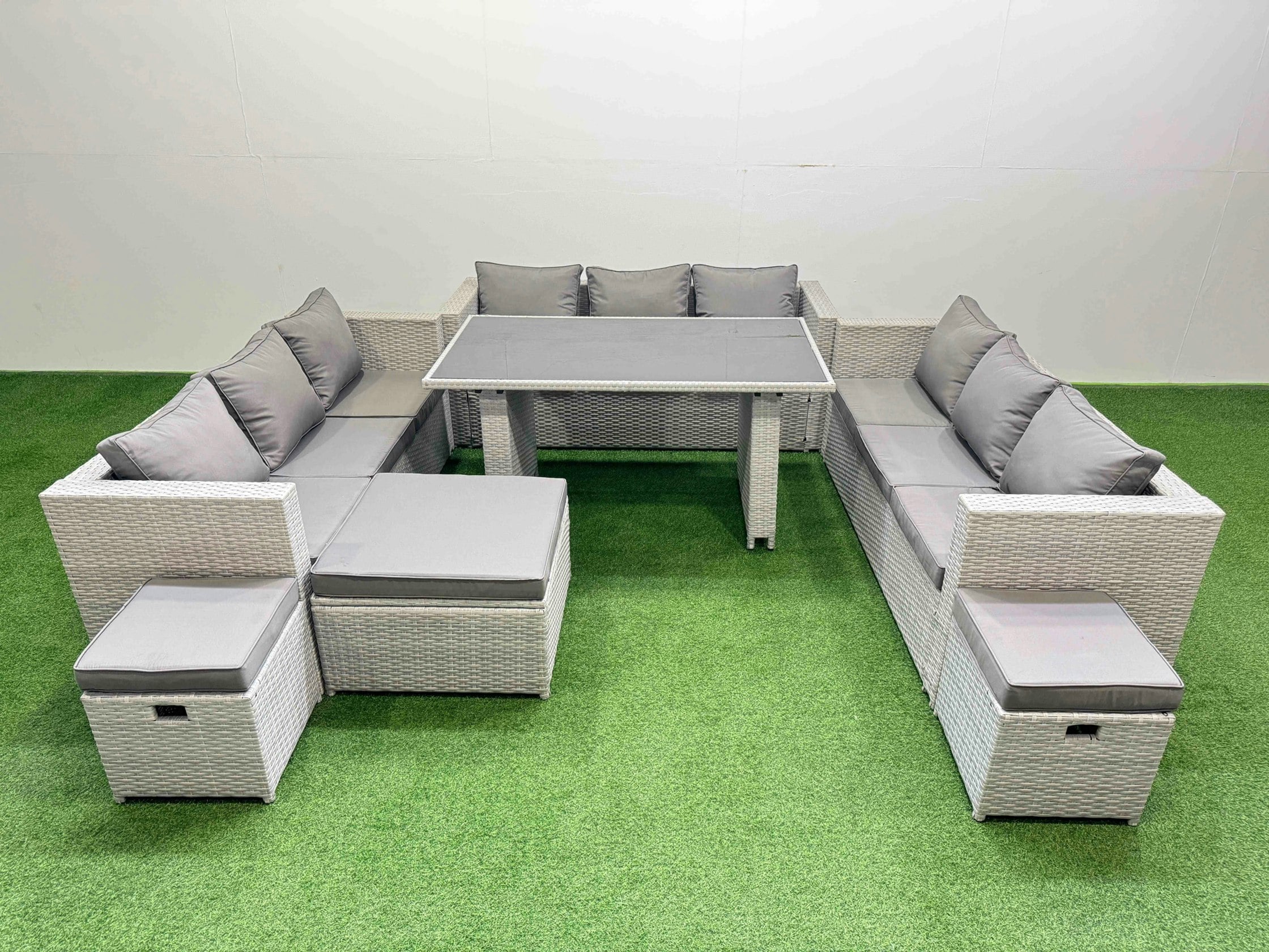 Rackhams Black/Light/Grey Patio Outdoor Garden Furniture Sets With Glass Top Dining Table 3 Seater Sofa 3 Stool