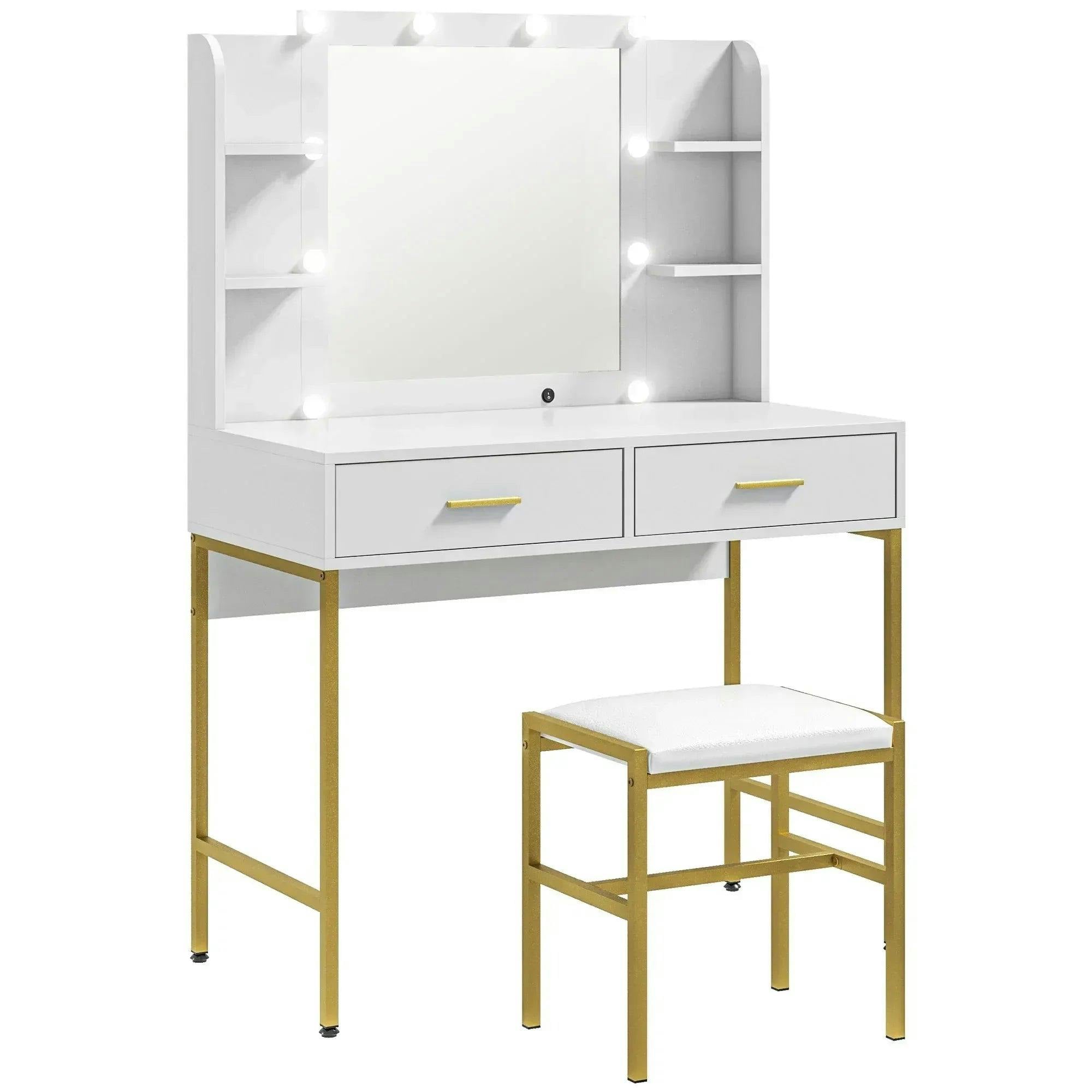 Homcom Unisex White Makeup Vanity Desk Set With Lighted Mirror, Stool, Drawers, Large - Image 5
