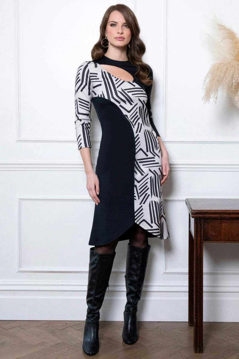 Hotsquash Black/Grey Asymmetric Keyhole Dress - / Calligraphy - 12