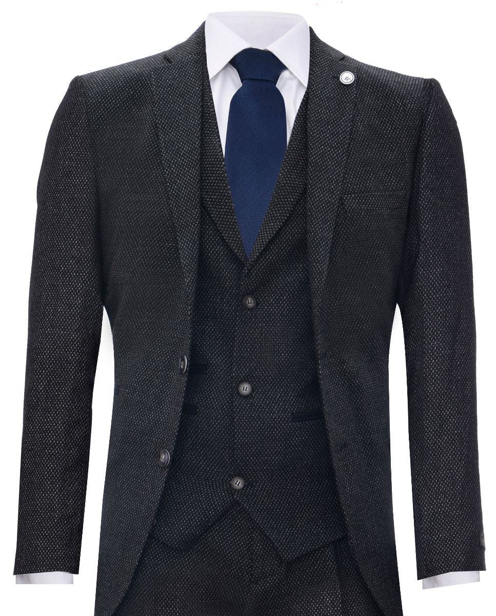 Truclothing Men's Black 3 Piece Herringbone Tweed Suit - 38" Jacket 32" Trousers