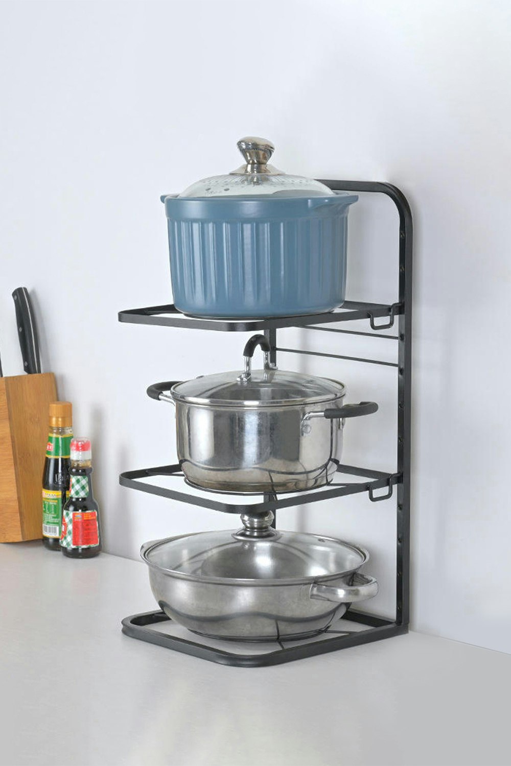 Rackhams Black 3-Tier Standing Kitchen Pot Pan Organizer Rack Adjustable Cookware Holder