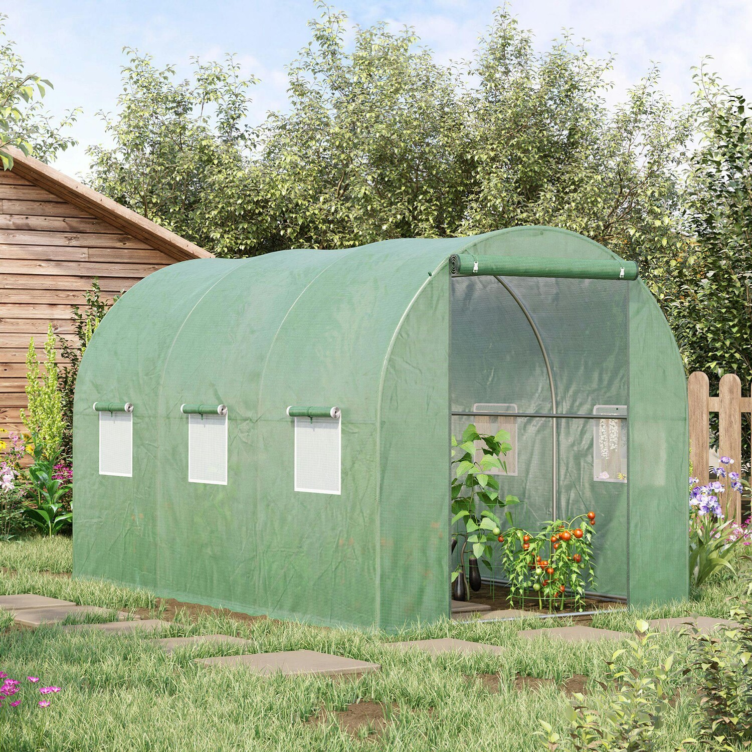 Outsunny Unisex Dark Green Walk In Polytunnel Greenhouse Galvanised Steel W/ Zipped Door In - Image 2