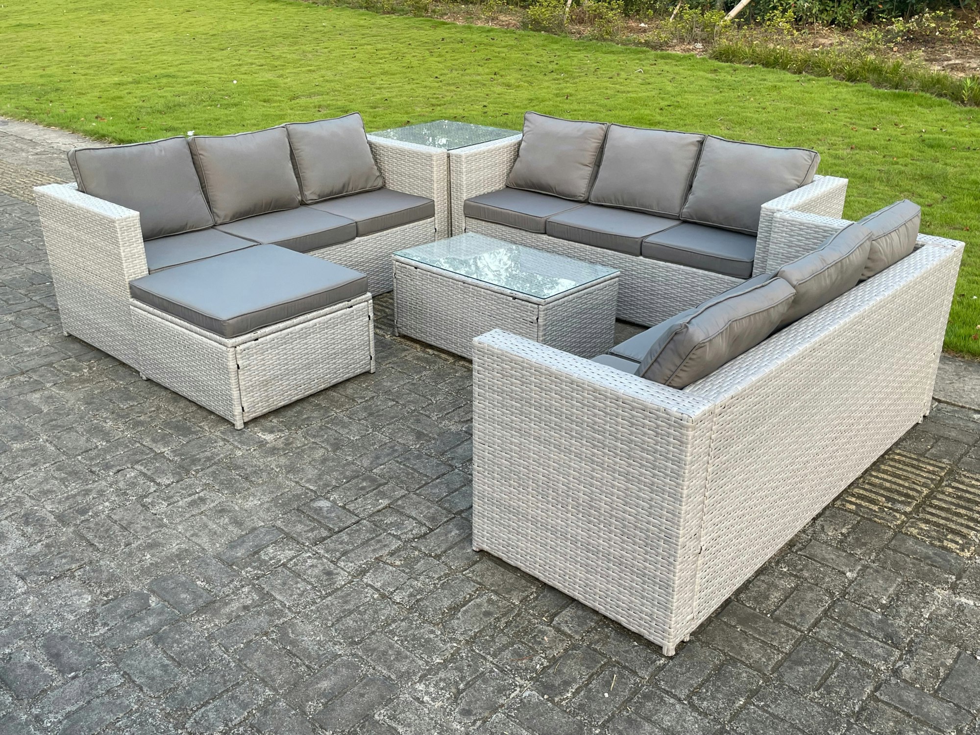 Fimous Light/Grey 10 Seat Lounge Outdoor Pe Rattan Garden Furniture Set Wicker Sofa Set Oblong Coffee Table Side Table Footstool