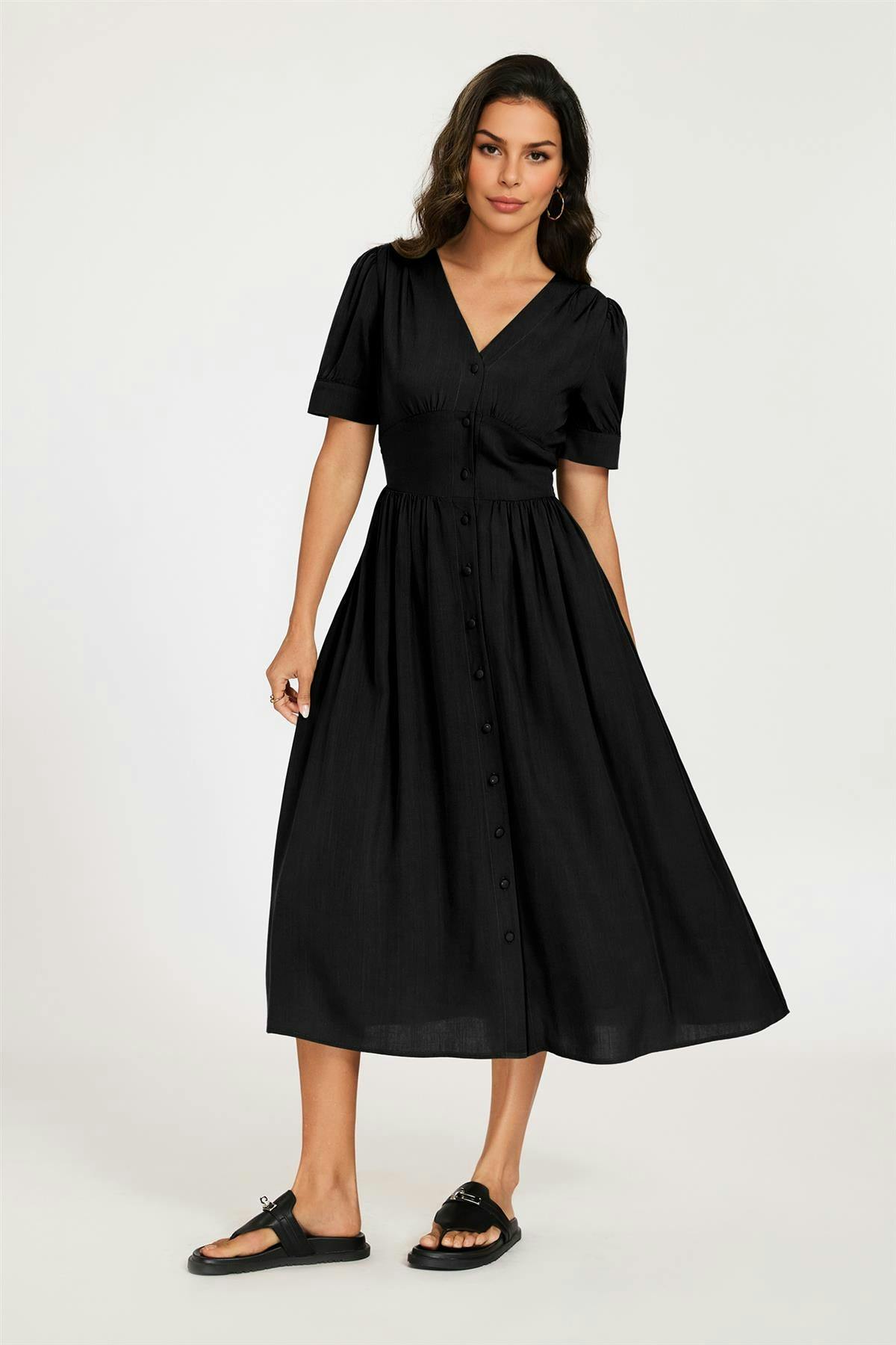 Fs Collection Black Button Front Short Sleeve Midi Dress In - Xl