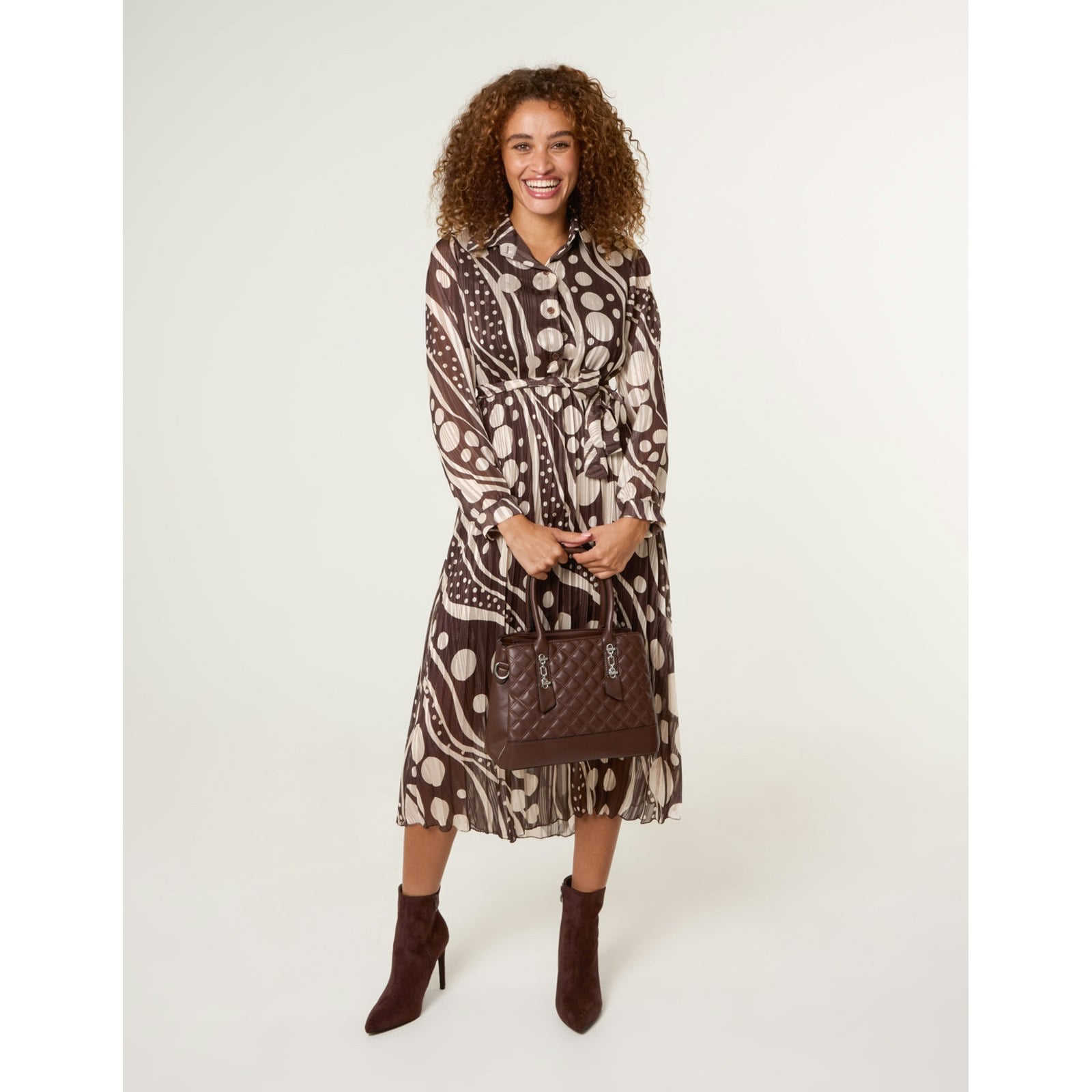 Blue Vanilla Blue/Brown Vanilla Abstract Polka Dot Dress And Metallic Striped Button Collar Dress - S