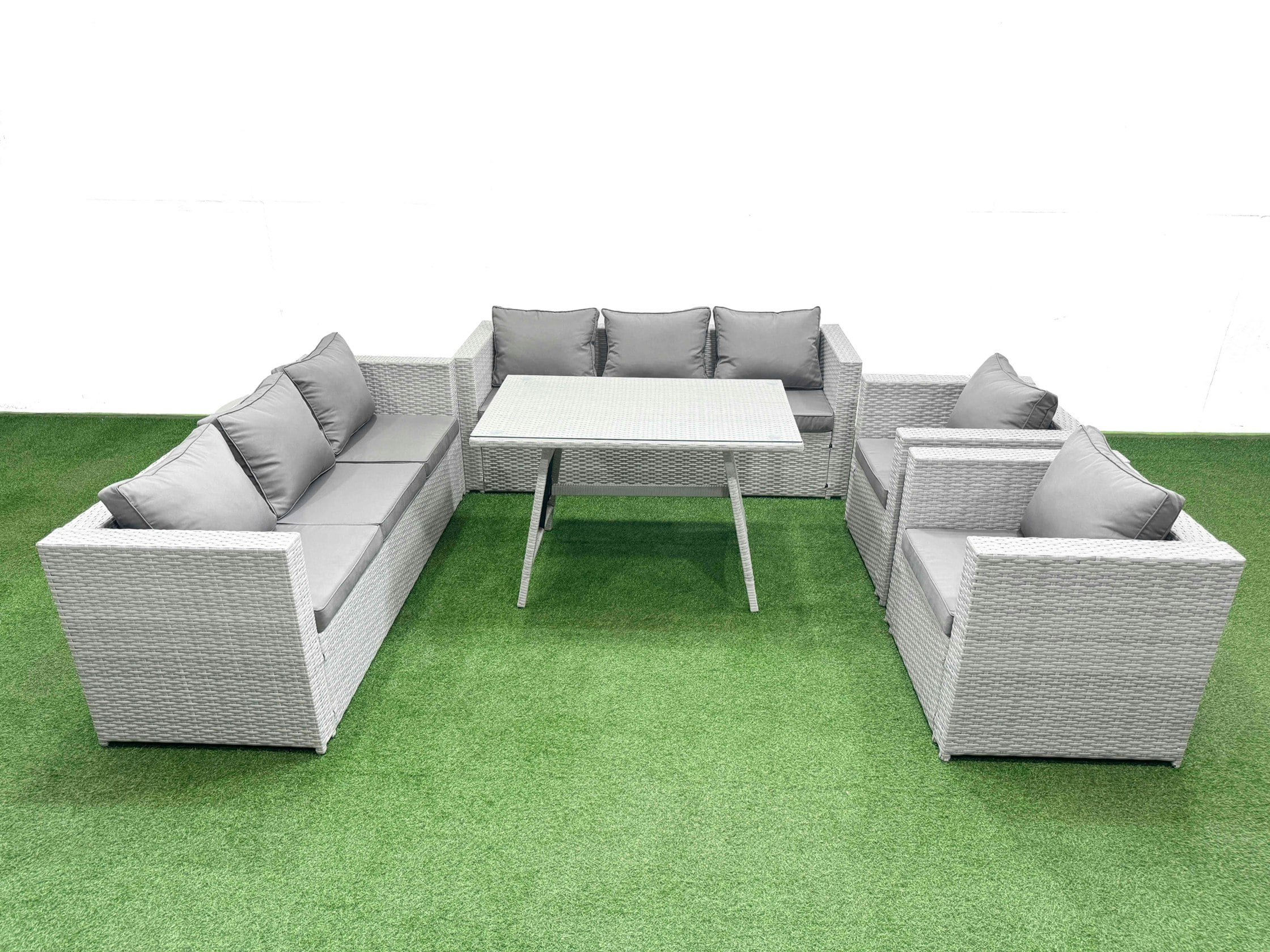 Rackhams Light/Grey 8 Seater Garden Furniture Set Pe Ratten Garden Sofa Set With Rectangular Dining Table