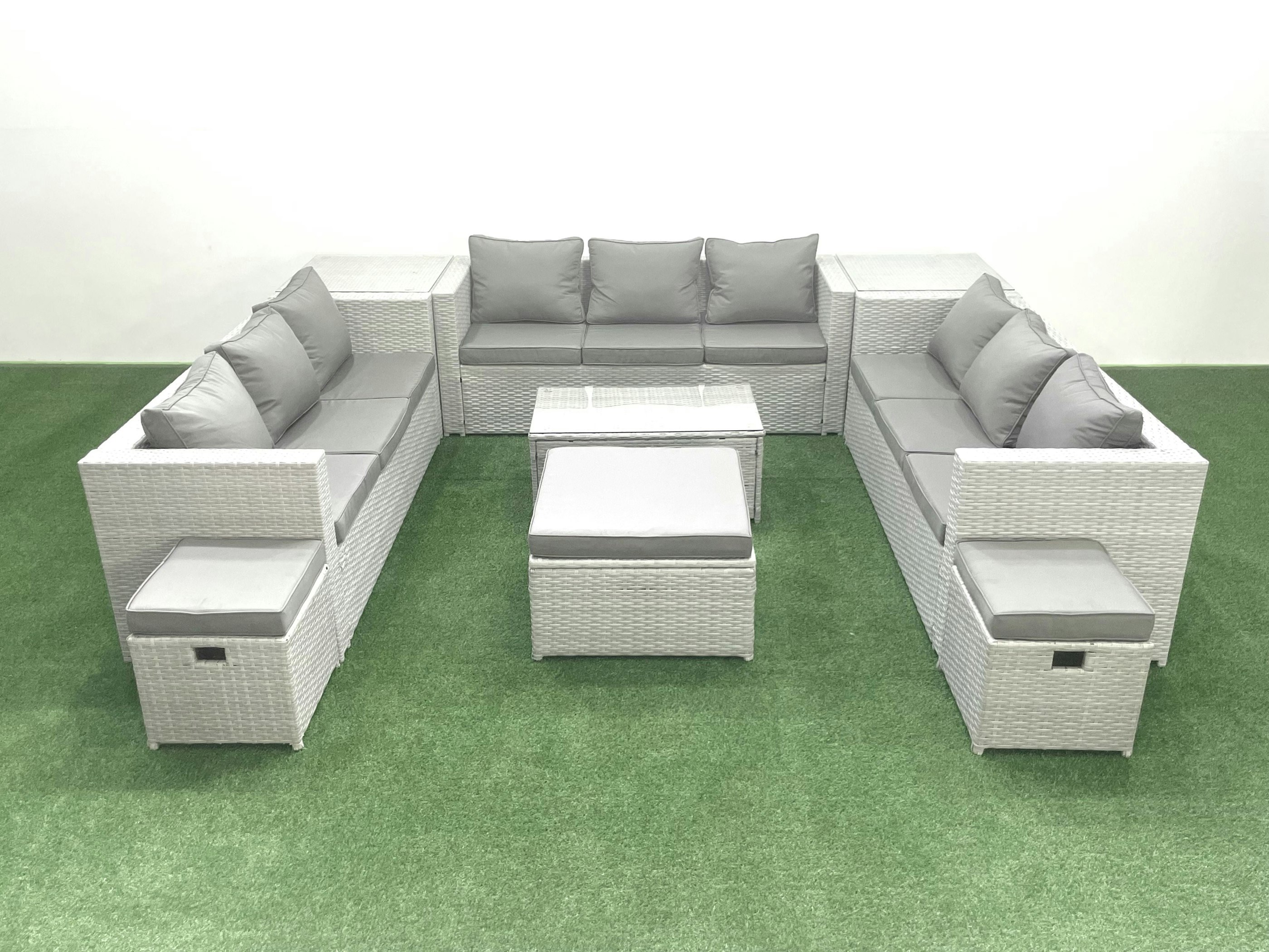 Rackhams Light/Grey Rattan Garden Outdoor Furniture Set 12 Seater Garden Sofa Coffee Table Set With 3 Footstools 2 Side Tables Mixed