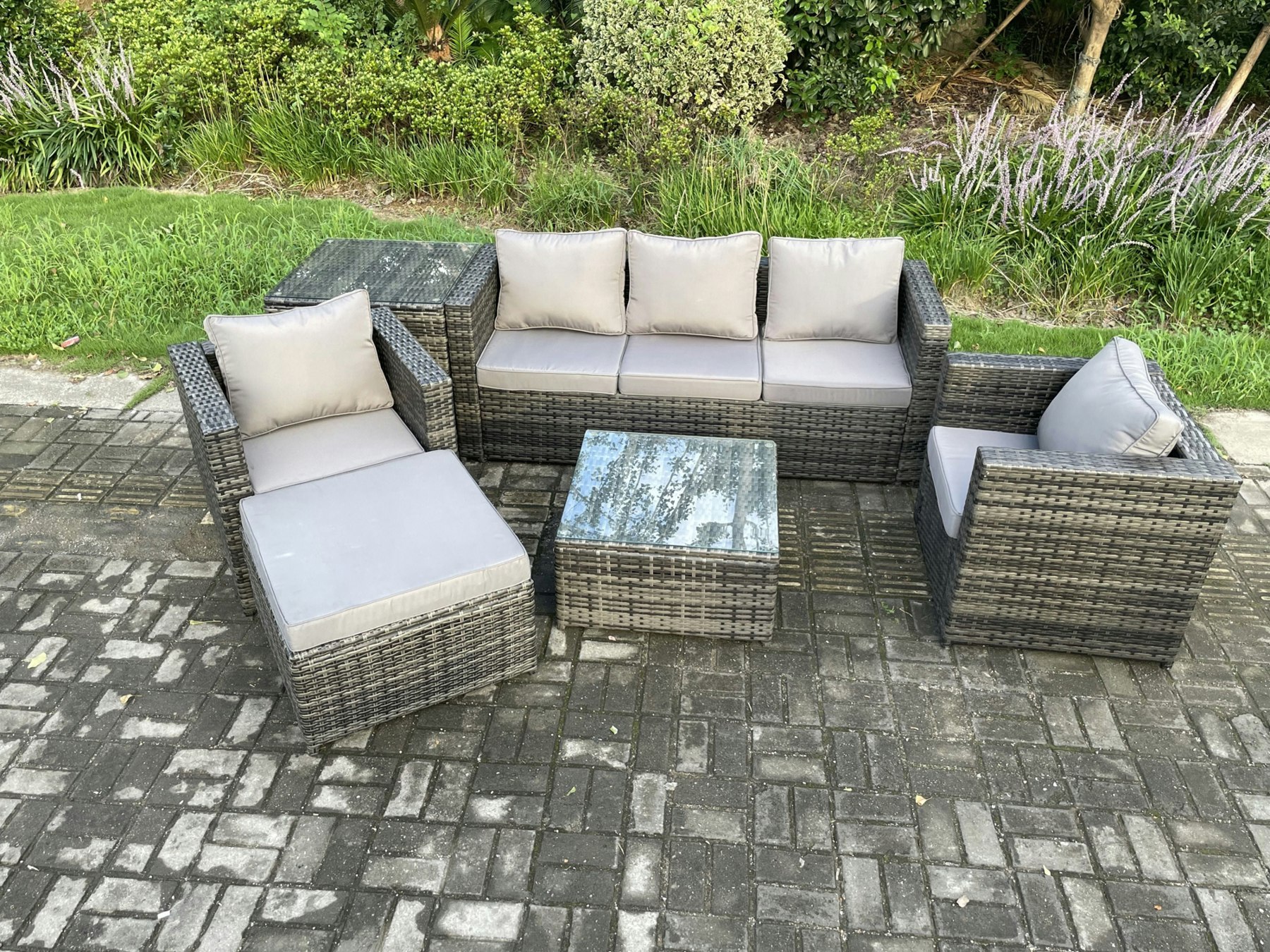 Fimous Dark/Grey 6 Seater Outdoor Lounge Sofa Set Wicker Pe Rattan Garden Furniture Set With Armchair Square Coffee Table Big Footstool Mixed