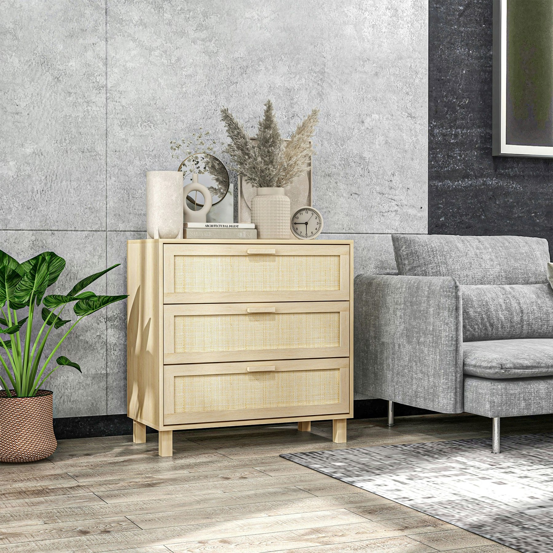 Rackhams 3 Drawer Cabinet Storage Cupboard Sideboard Organiser Living Room - Nature Wood - 3