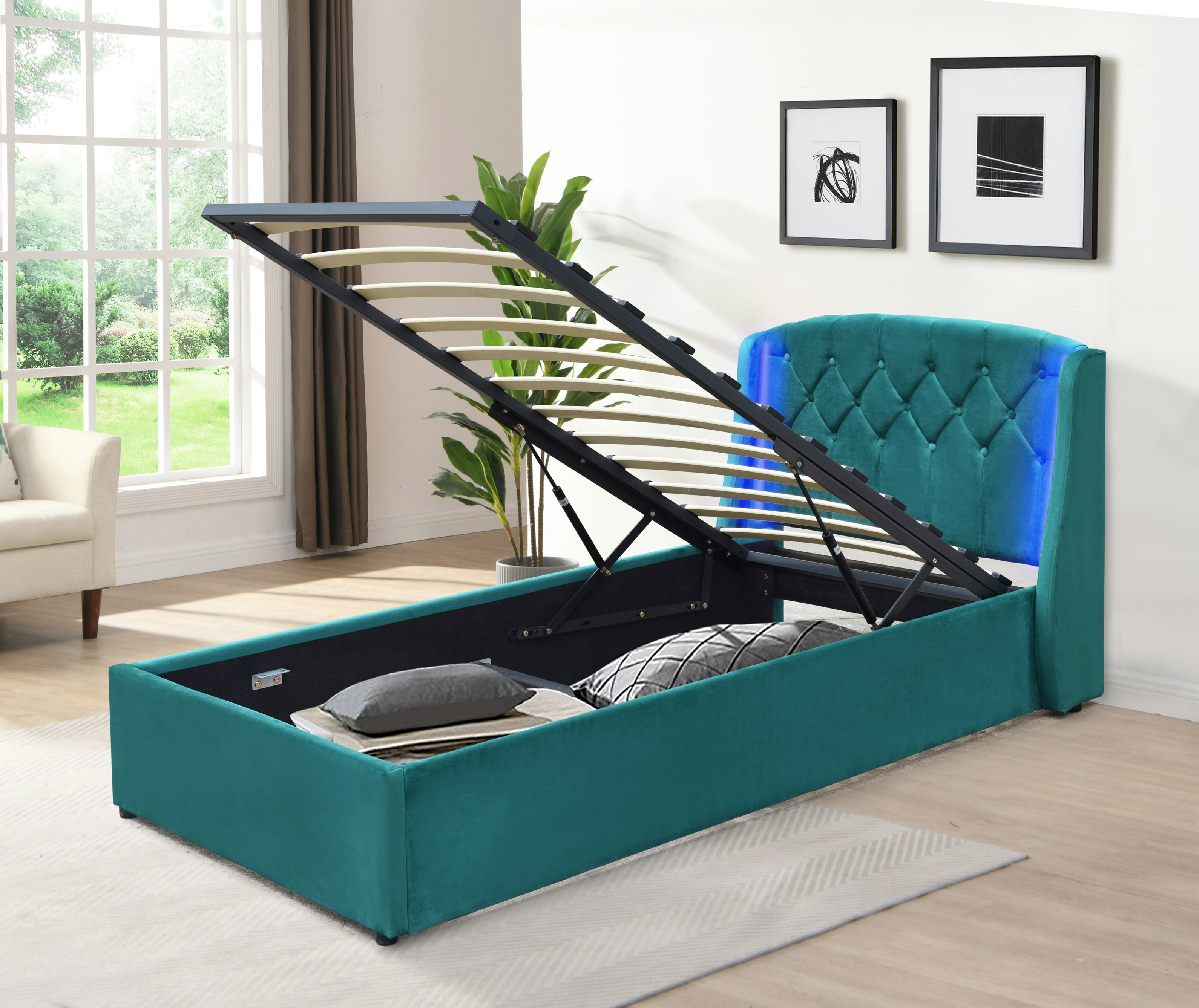 Comfy Living Grey/Green Fabric Gas Lift Bedframe Led Headboard 3Ft 4Ft6 5Ft Bedroom Furniture - Single