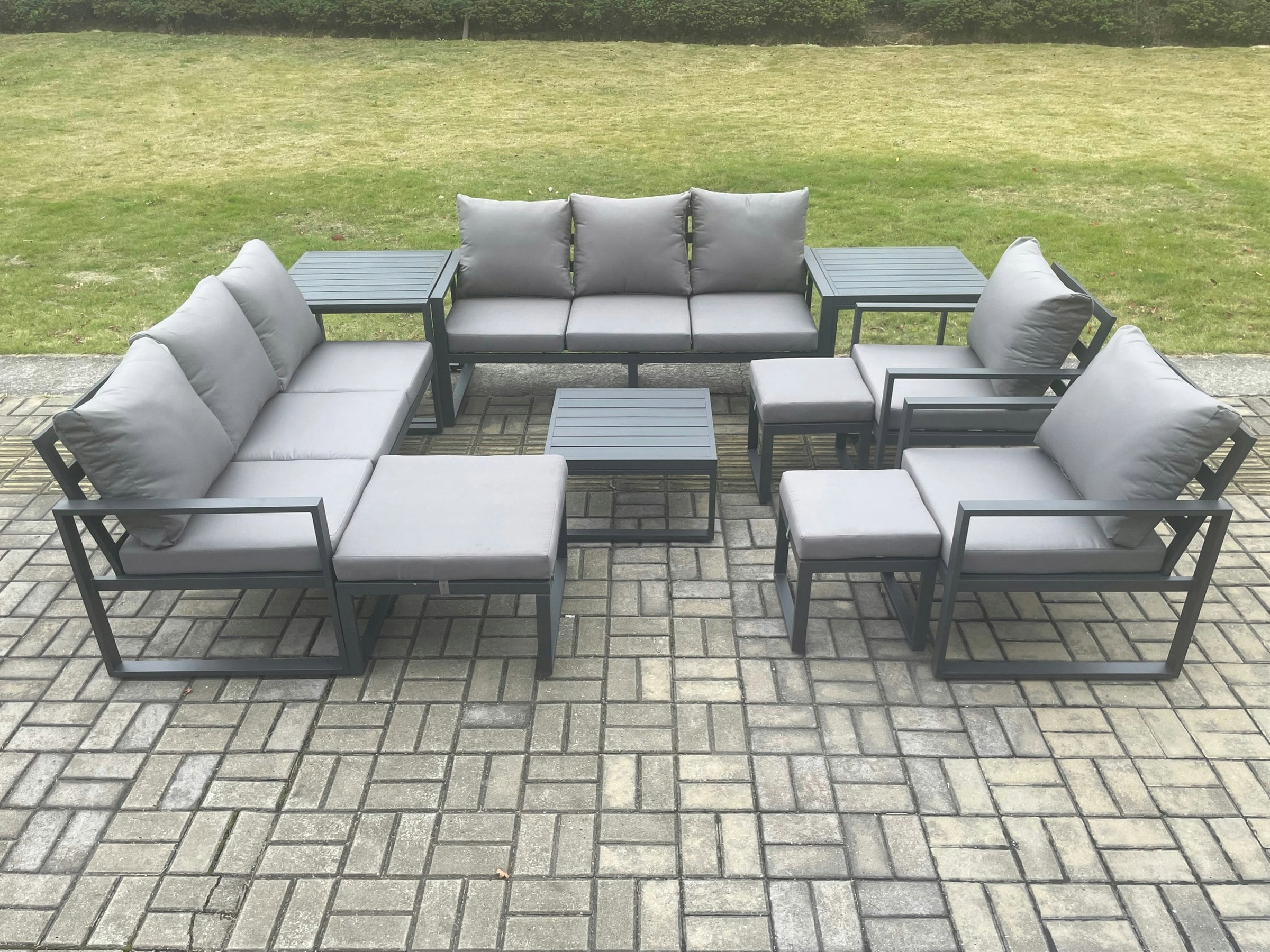 Fimous Dark/Grey Aluminium Outdoor Garden Furniture Set Patio Lounge Sofa With Square Coffee Table 2 Side Tables 2 Armchairs 3 Footstools