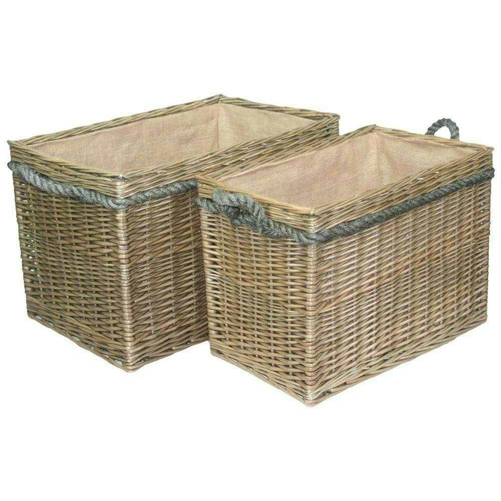 Red Hamper Red/Brown Hamper Rectangular Rope Handled Wicker Log Basket - Set Of 2