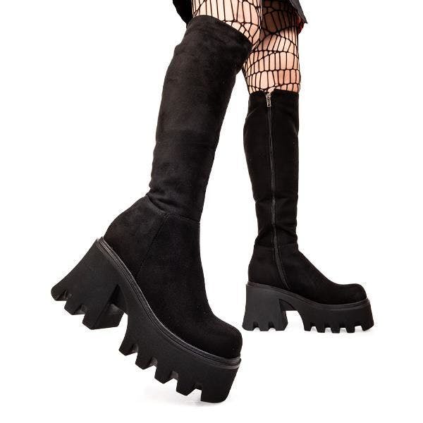 Lamoda Black Ready Faux Suede Chunky Platform Knee High Boots Vegan Goth - Uk3