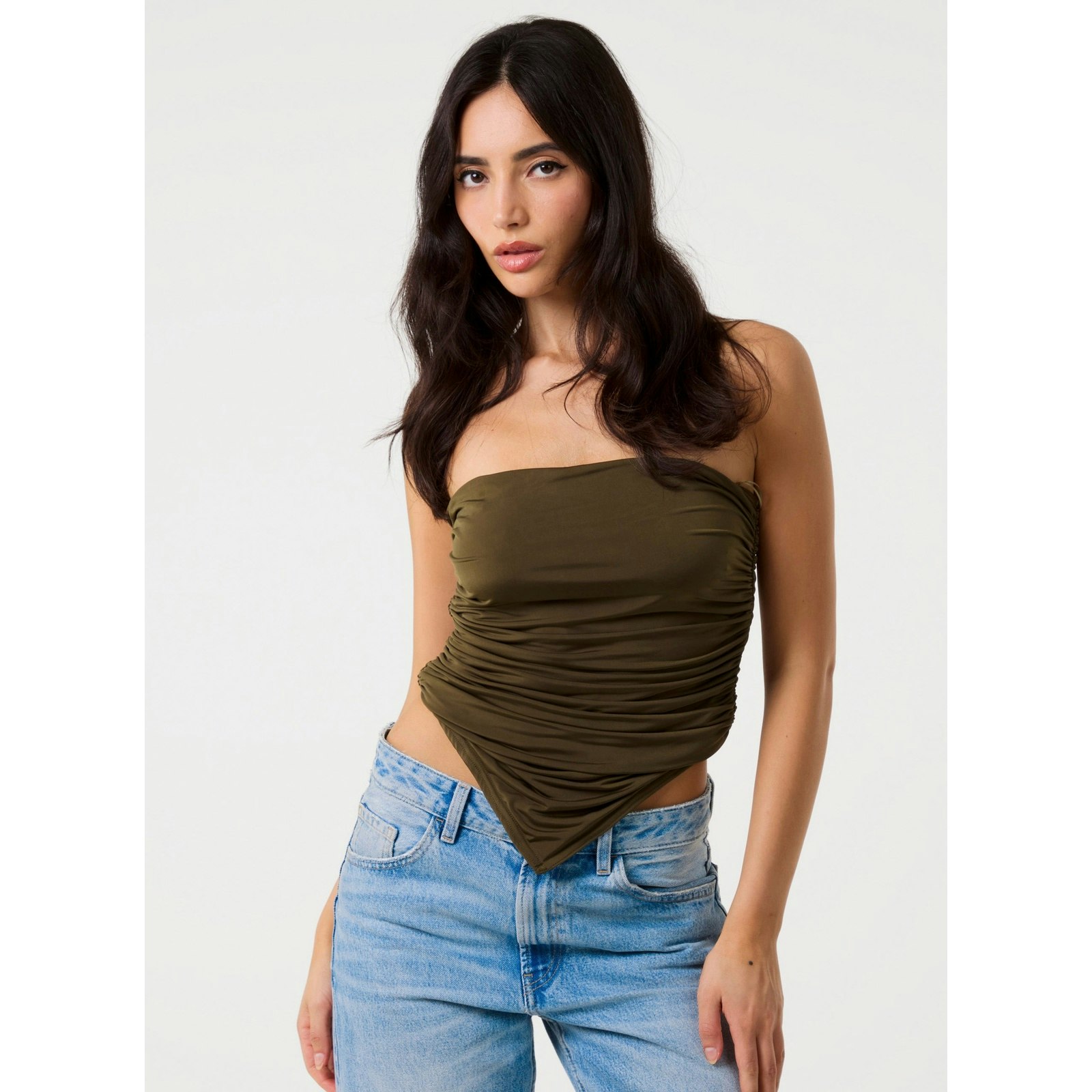 Pink Vanilla Ruched Slinky Bandeau Top - S - Khaki