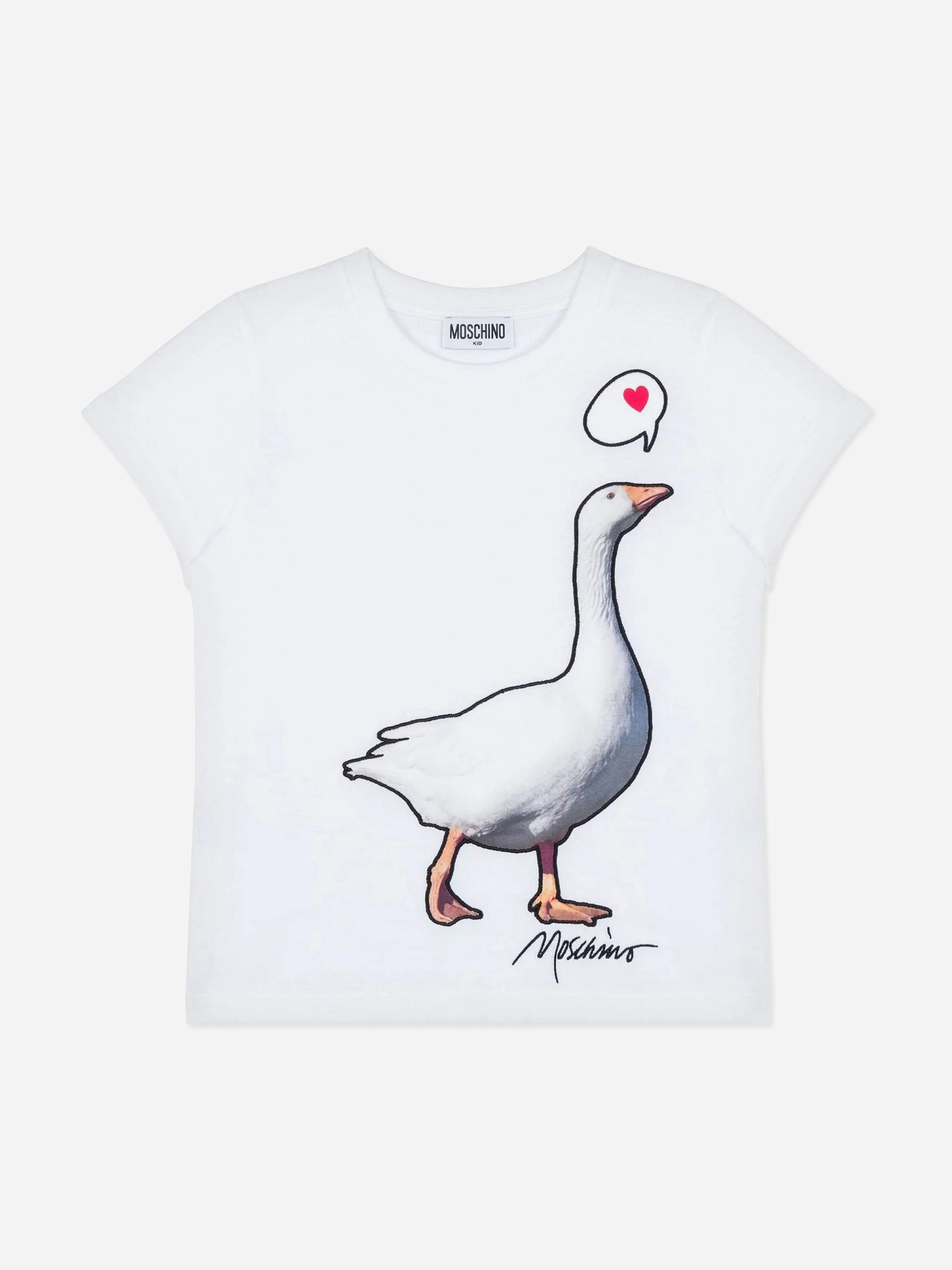 Moschino Kids Girls White Moschino Goose Print T-Shirt In - 4 Yrs